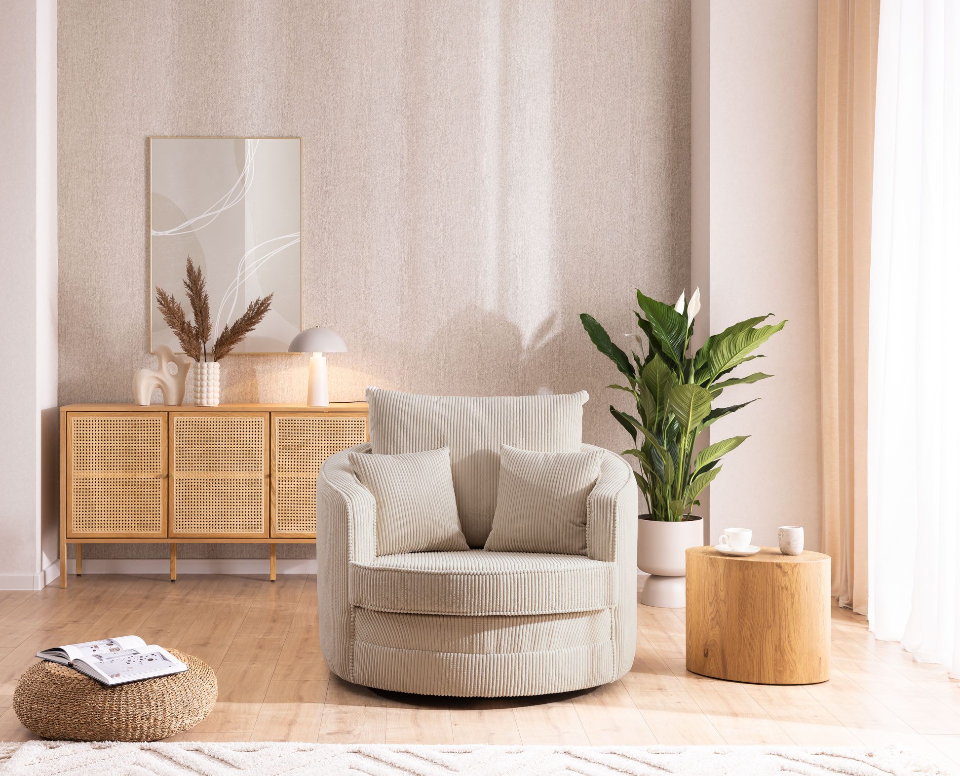 S-Style Möbel Drehsessel Ted Love Seat XXL 360 Grad drehbar aus Cord-Stoff, mit Wellenfederung