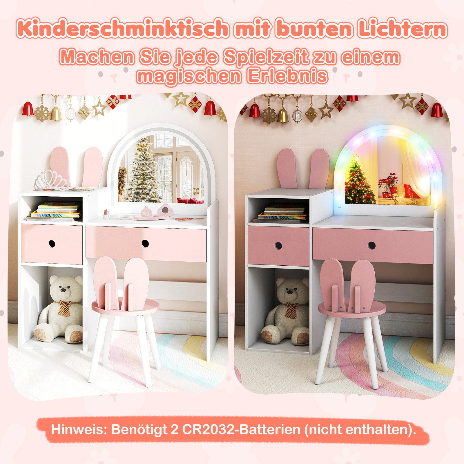 COSTWAY Schminktisch (2-St), Kosmetiktisch Stuhlset Kinder mit Spiegel günstig online kaufen