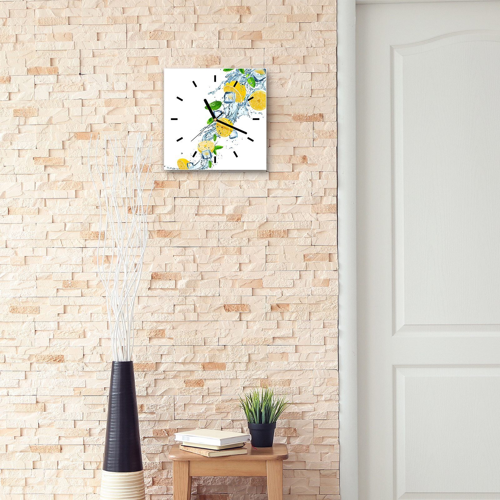 Wanduhr Zitronen Größe auf Glasuhr Wanduhr Primedeco Motiv 30 30 mit Wandkunst Wasserwelle x cm