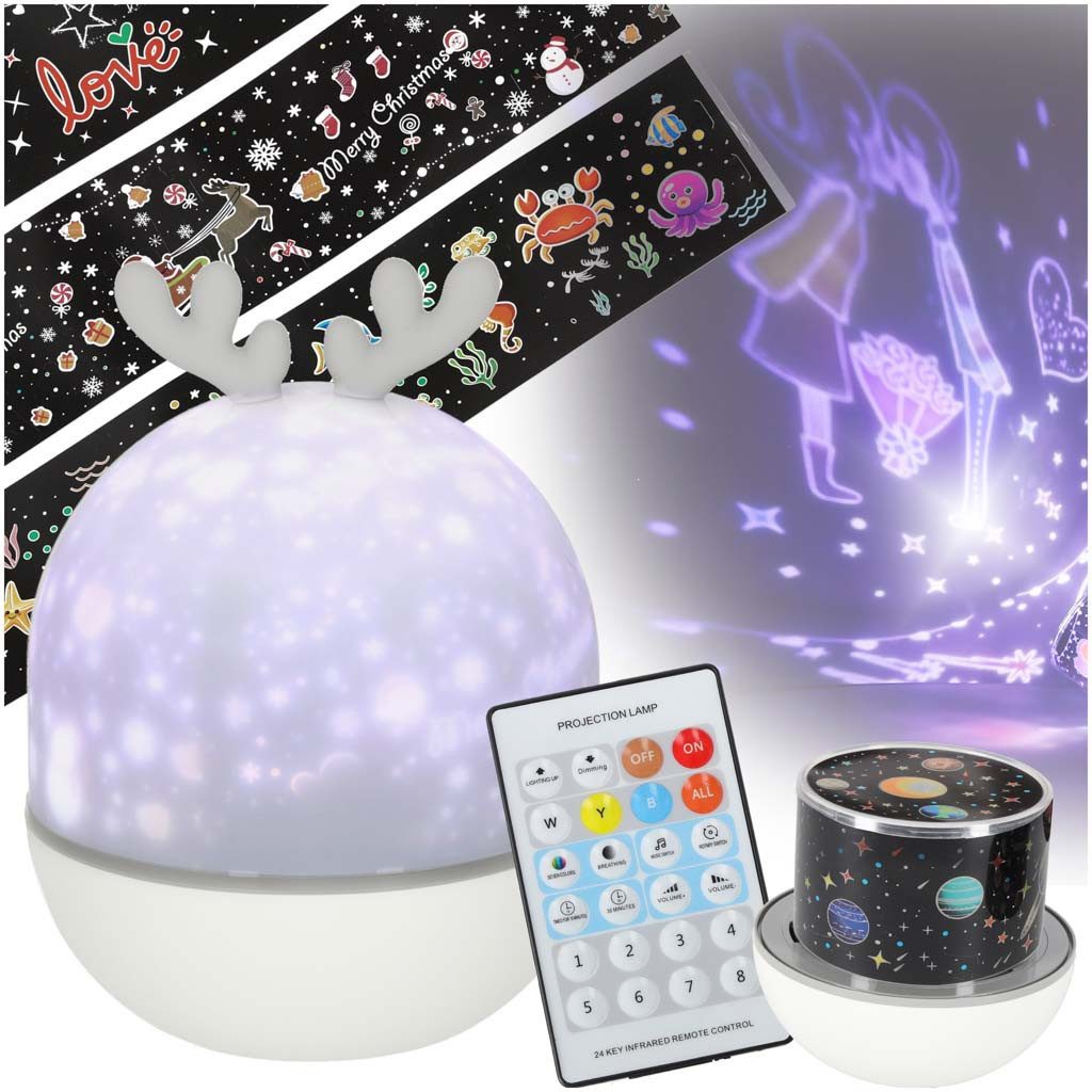 Ikonka LED Nachtlicht Sternenprojektor Schlummerlicht Einschlafhilfe, Projektion, Farbwechsel, dimmbar, Drehfunktion, Musikfunktion, Timer, LED, blau, weiß, gelb, bunt, Sternenprojektor, 6 Motive, Fernbedienung, Musik, Timer