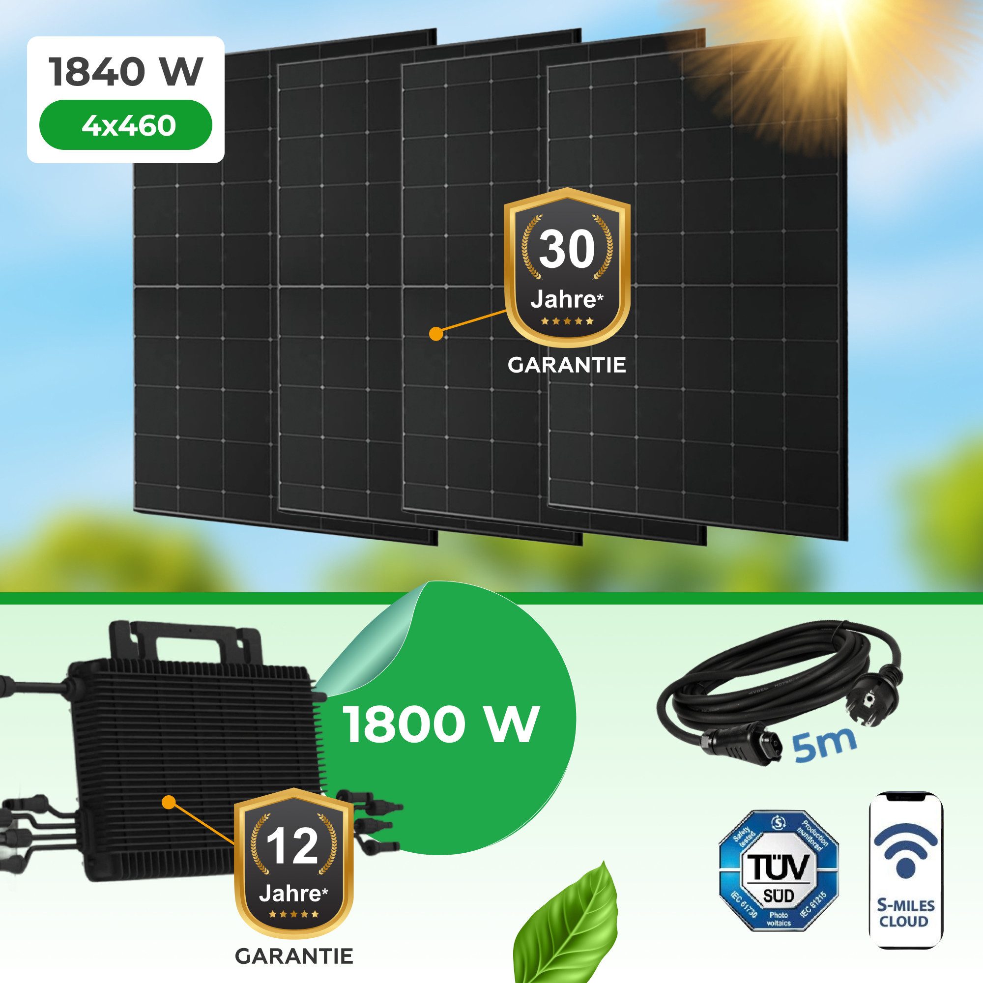 Paket.ag Balkonkraftwerk 1840Watt mit Hoymiles HMS 1800Watt Wechselrichter - PV-Module 460 W, (1-St), 4 MPP-Tracker für optimale Ausbeute