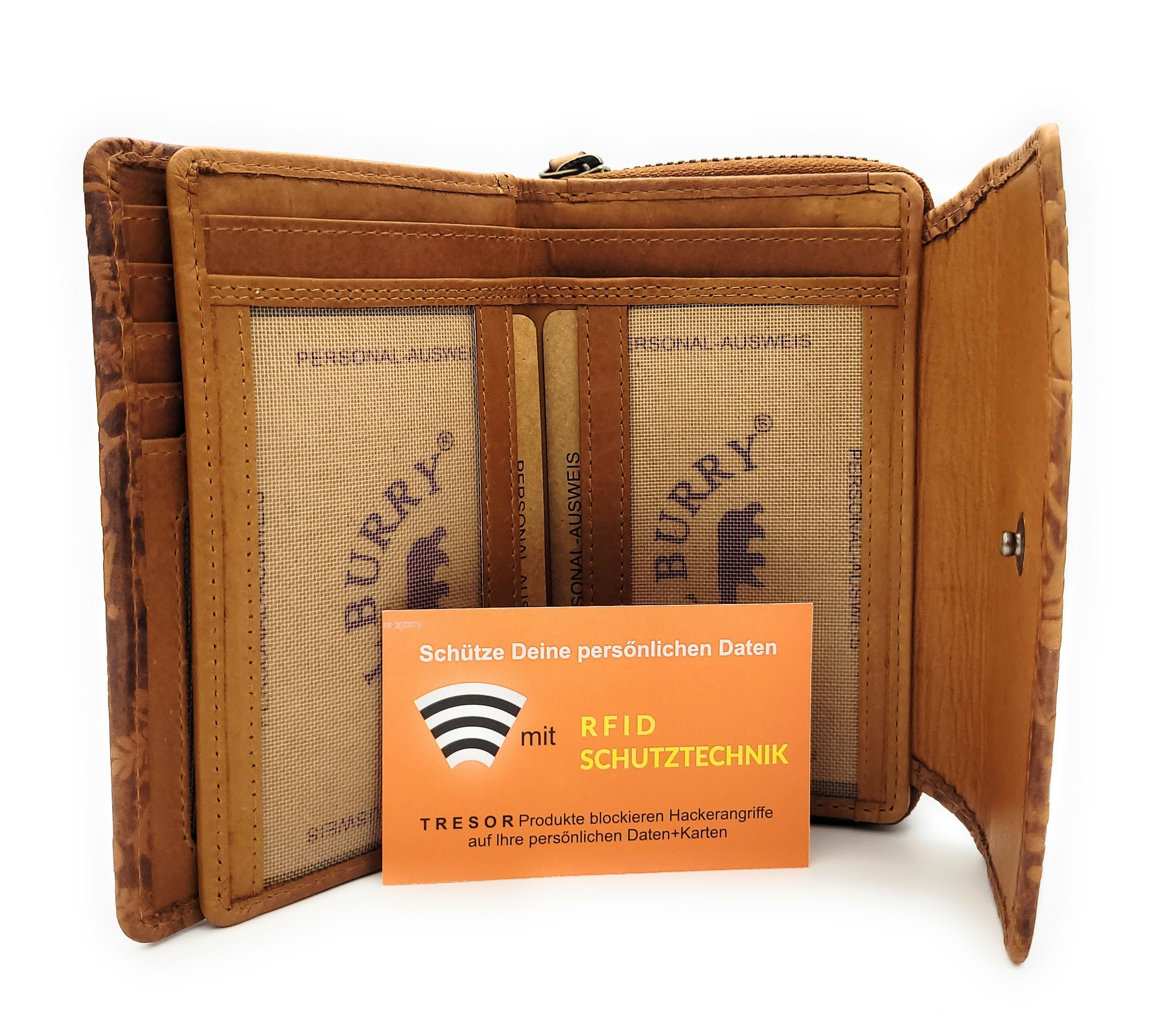 Hill Burry Geldbörse echt Leder Damen Portemonnaie mit RFID Schutz, Reißverschlussmünzfach, florale Prägung, umfangreiche Ausstattung