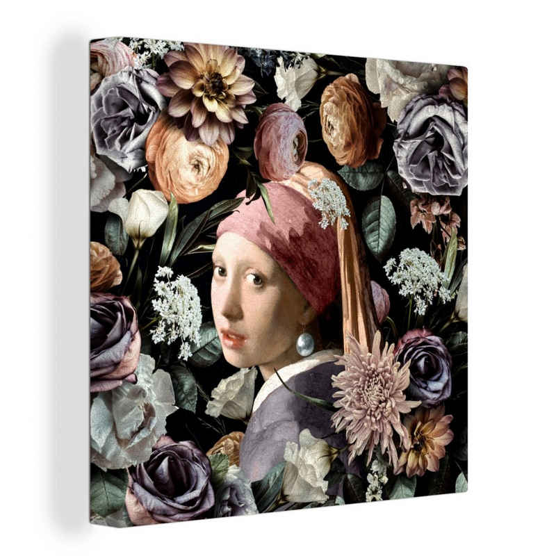 OneMillionCanvasses® Gemälde Mädchen mit Perlenohrring - Blumen - Vermeer - Pastell - Kunstwerk -, (1 St), Leinwand Bilder für Wohnzimmer Schlafzimmer