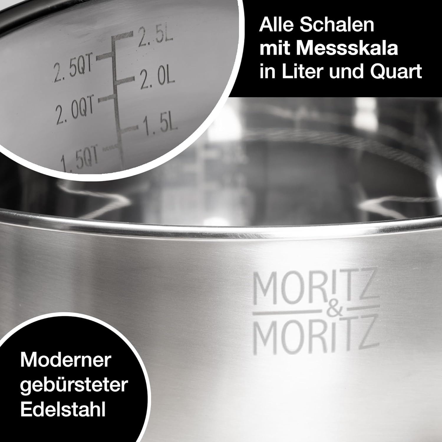 Moritz & Moritz Schüssel Edelstahl Rührschüssel Set mit Deckel, Edelstahl, (Set, 5-tlg), Premium Edelstahl, Rostfrei – Bild 4 von 5