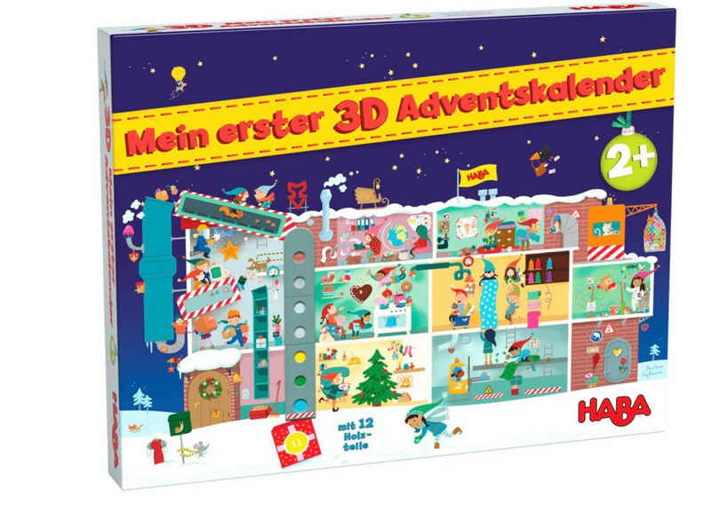 Haba Adventskalender HABA Mein erster 3D Adventskalender In der Weihnachtsfabrik ab 2 J. (Set, 24-tlg), 1 Geschichtenheft, 12 Holzbausteine, 1 3-D-Spielkulisse.