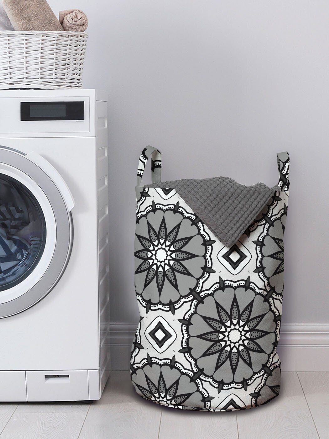 Digital-Blumen Wäschekorb Wäschesäckchen Griffen Grafik-Design für Waschsalons, Kordelzugverschluss mit Abakuhaus