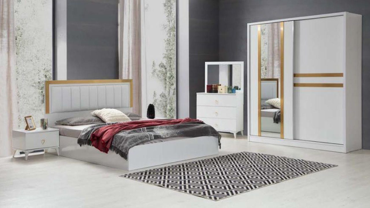JVmoebel Schlafzimmer-Set Moderne Weiße Schlafzimmer Garnitur 5tlg Doppelbett Kommode Schrank, Made In Europe