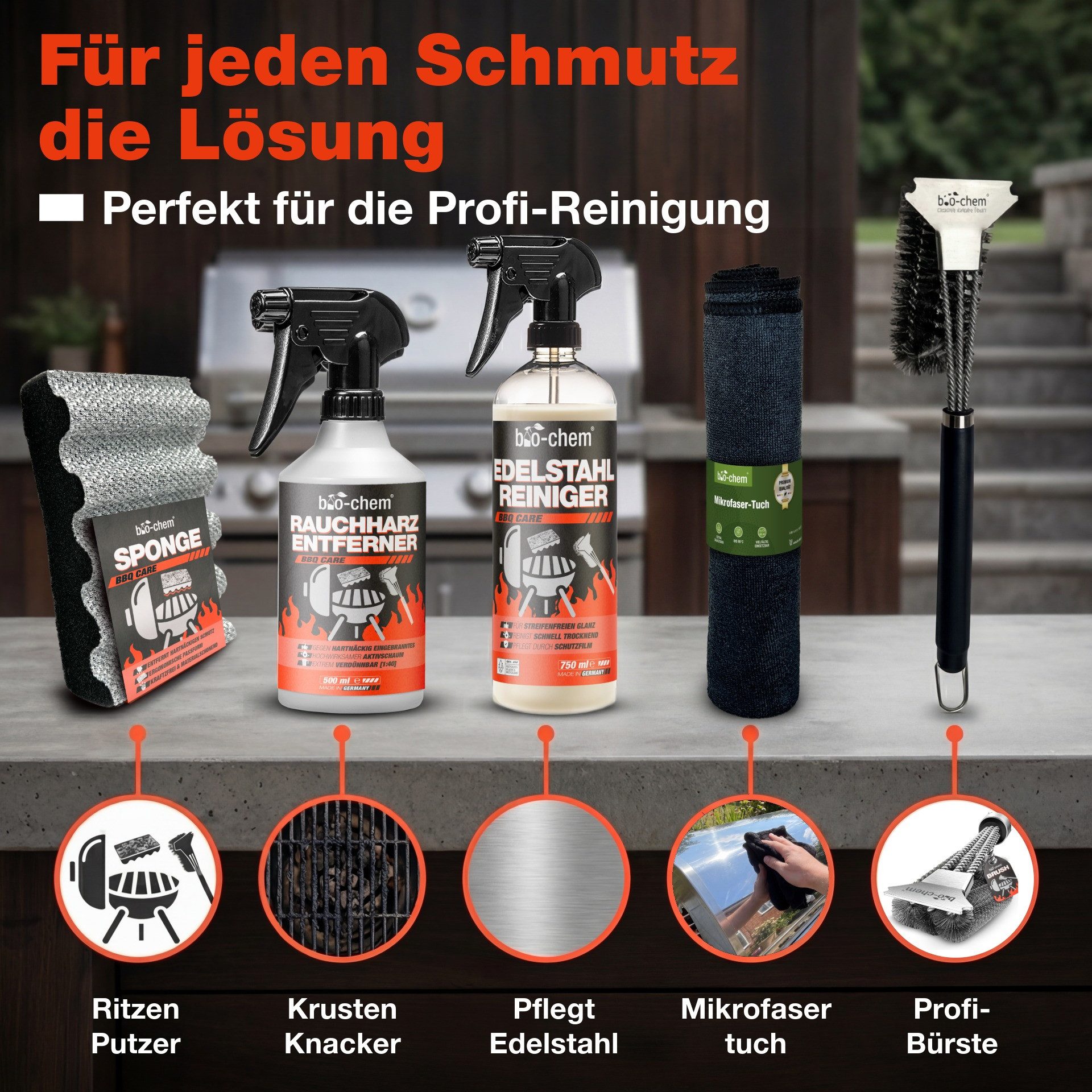 bio-chem Grillreiniger Set 5-teilig – Profi-Reinigung & Edelstahlreiniger Grillreiniger (Sparpaket, [- Rauchharz-Entferner, Edelstahl-Reiniger, Grillbürste, Schwamm, Tuch 4-teiliges Set mit Reinigern & Zubehör)