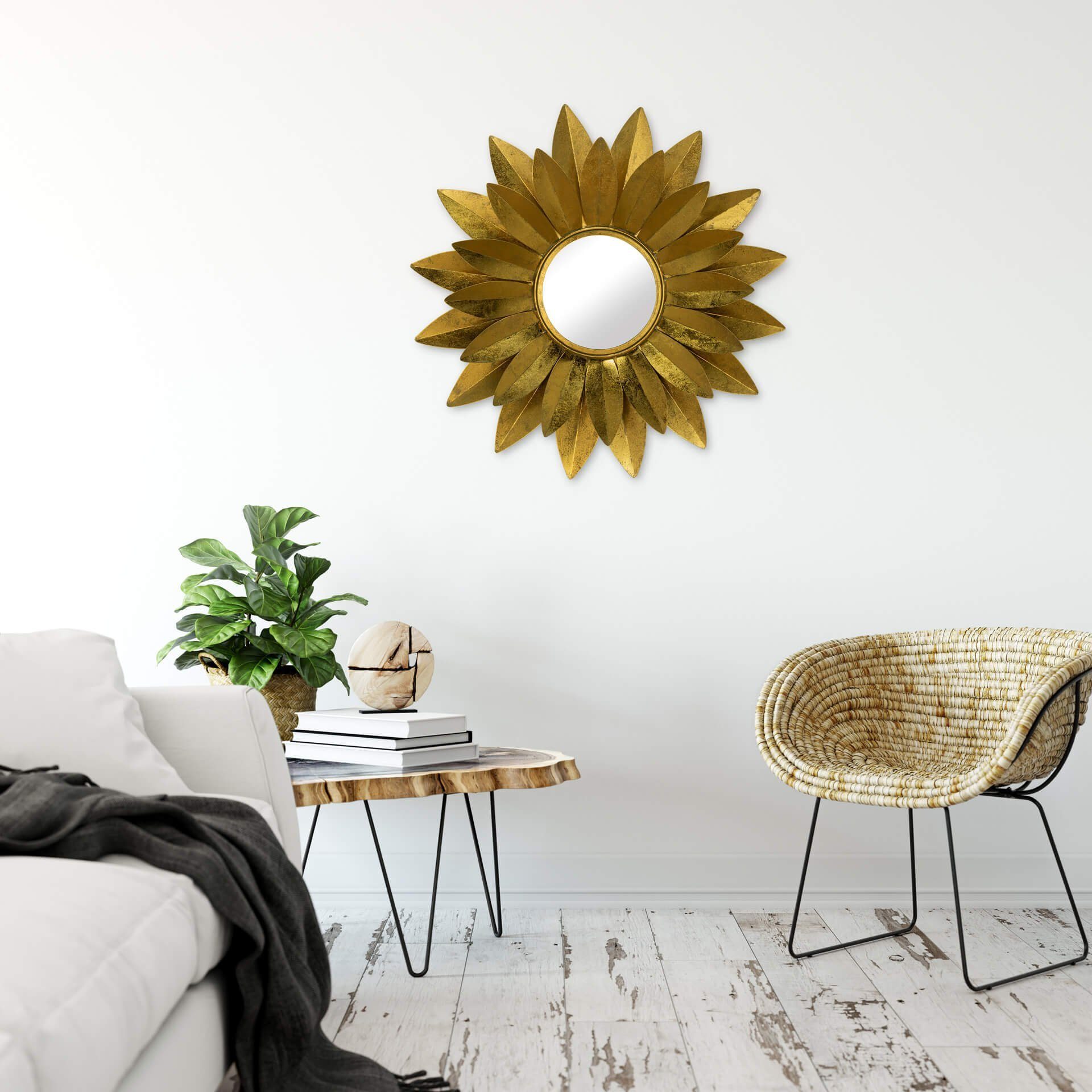 Metall KUNSTLOFT Deko-Spiegel Wandspiegel Sonnenblumenring handgefertigter aus cm, 90x90x7