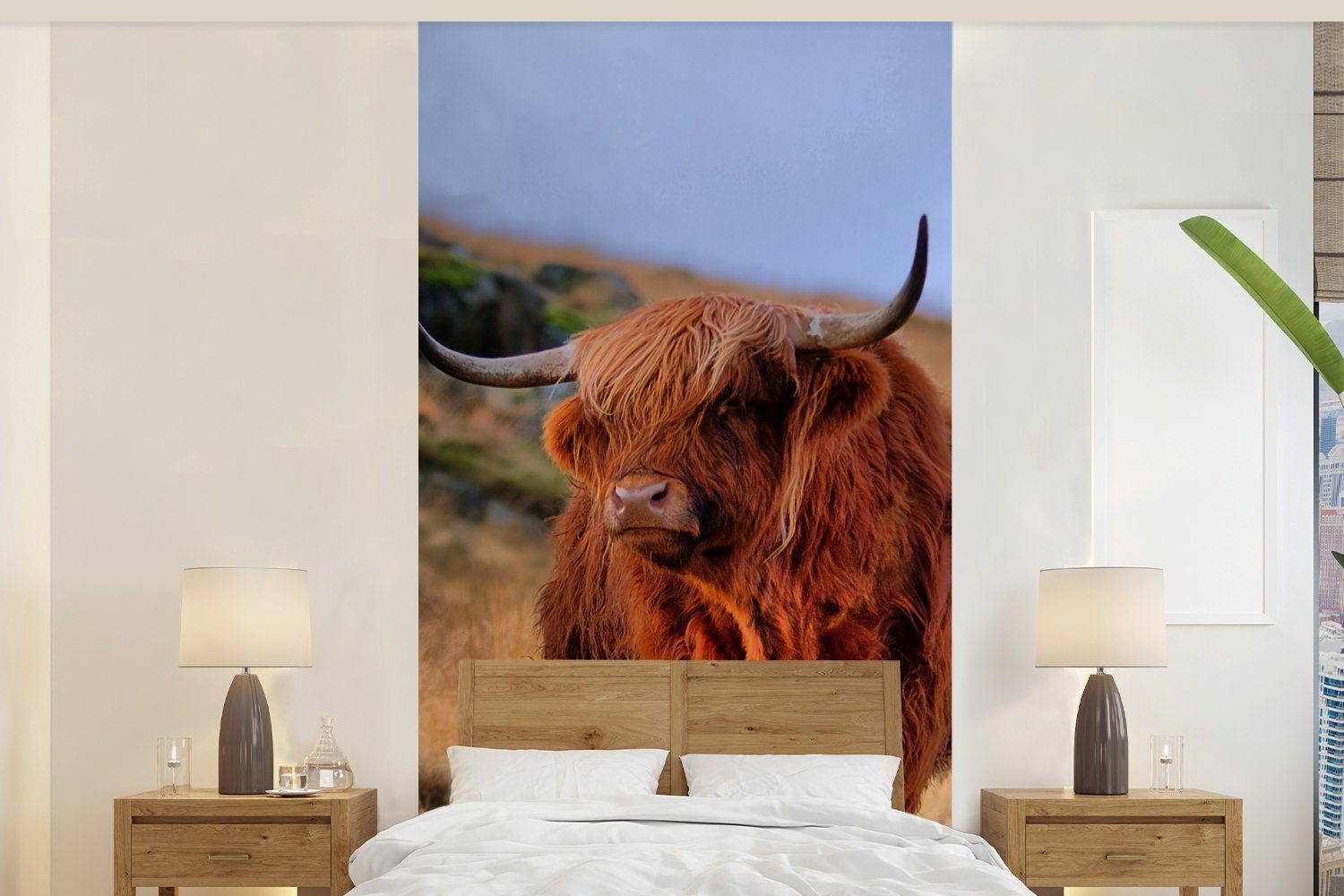 MuchoWow Fototapete Schottische Highlander - Schlafzimmer - Vliestapete Steine, (2 Fototapete bedruckt, für Wohnzimmer Matt, Küche, St), Gras