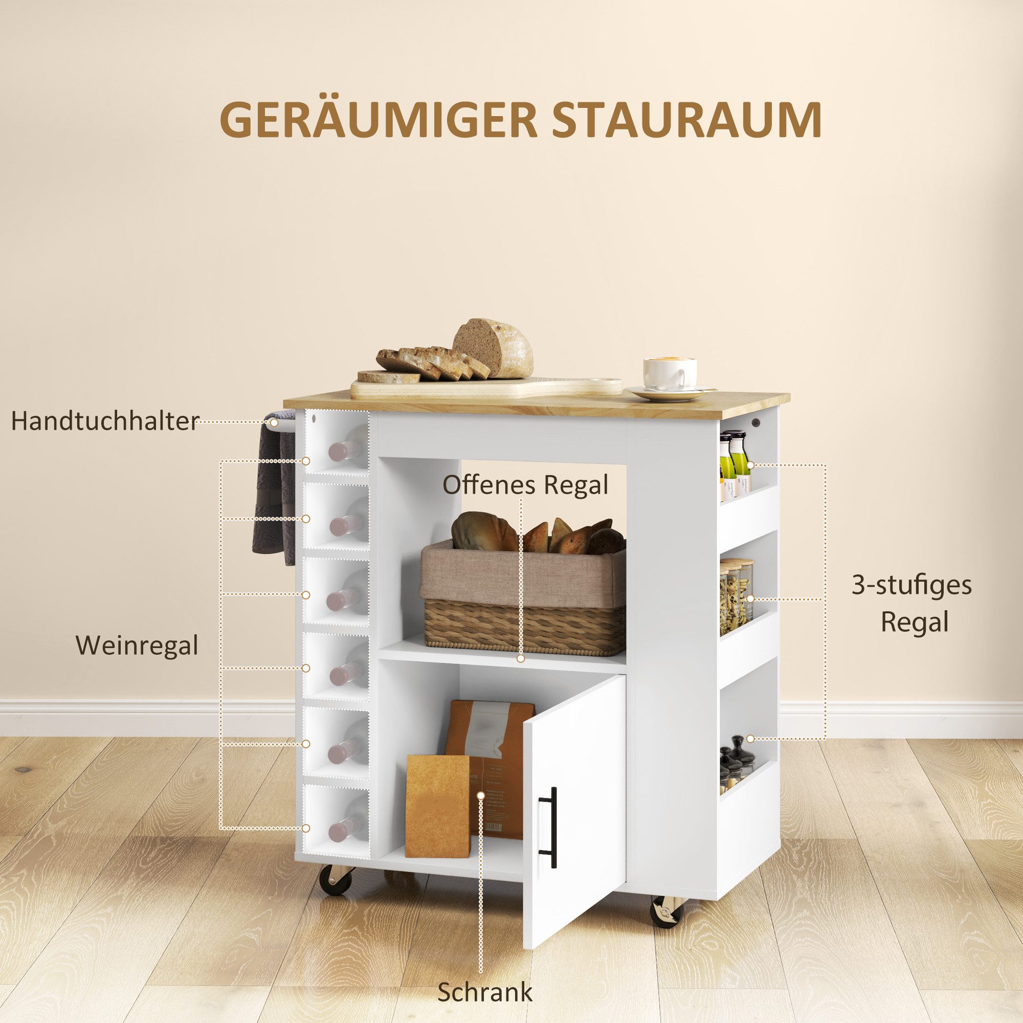 HOMCOM Küchenwagen Rollwagen mit Arbeitsplatte aus Holz, Ablagen, auf Rollen, (Rollwagen mit Soft-Close-Scharnieren, 1 St., Kücheninsel), für Büro, 83x40x83cm,  – Bild 4 von 5