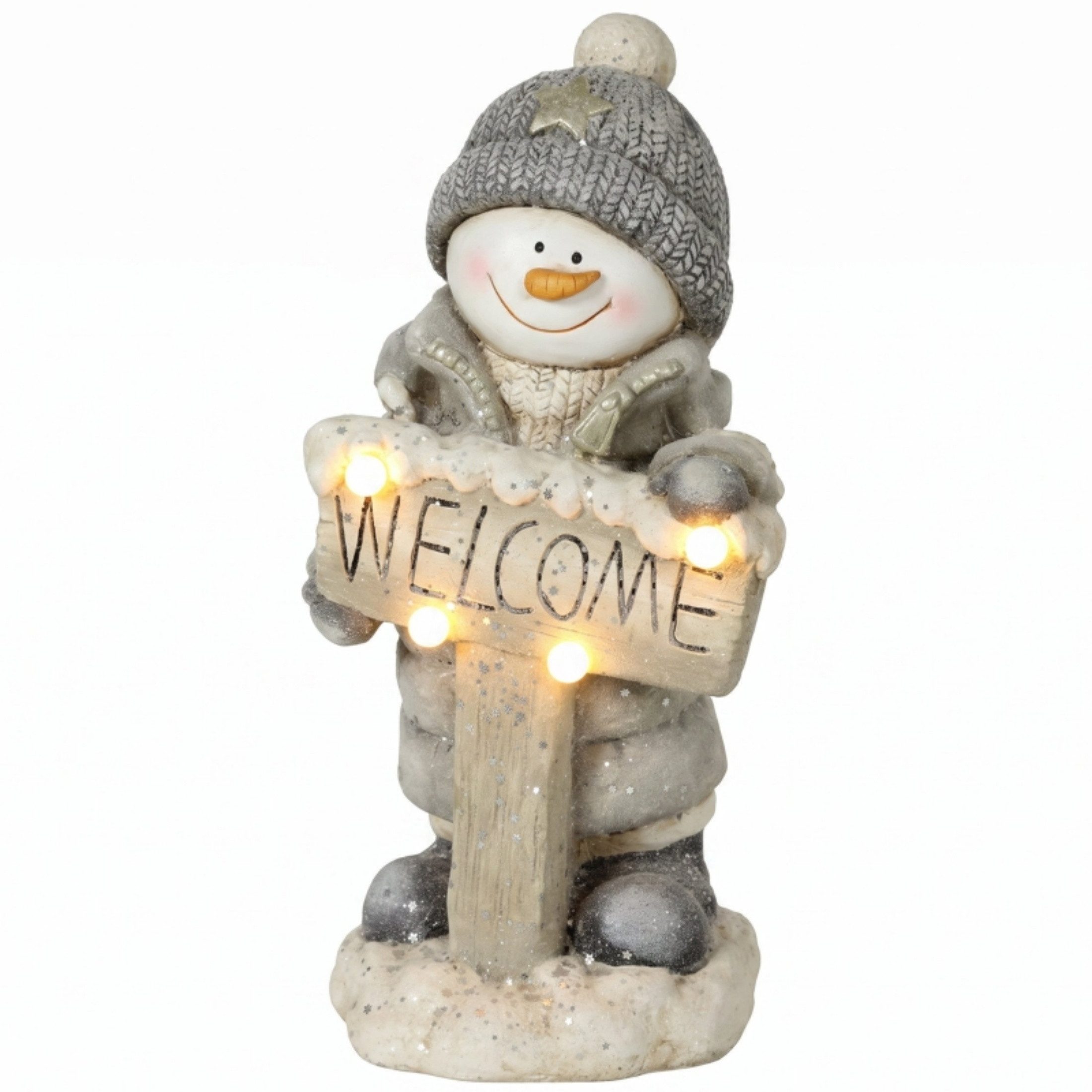 Blossom Schneemann Weihnachtsdeko Schneemann-Figur 46cm MGO Weihnachtsfigur mit LED/Timer, Windwiderstand, mit Welcome-Schild, batteriebetrieben