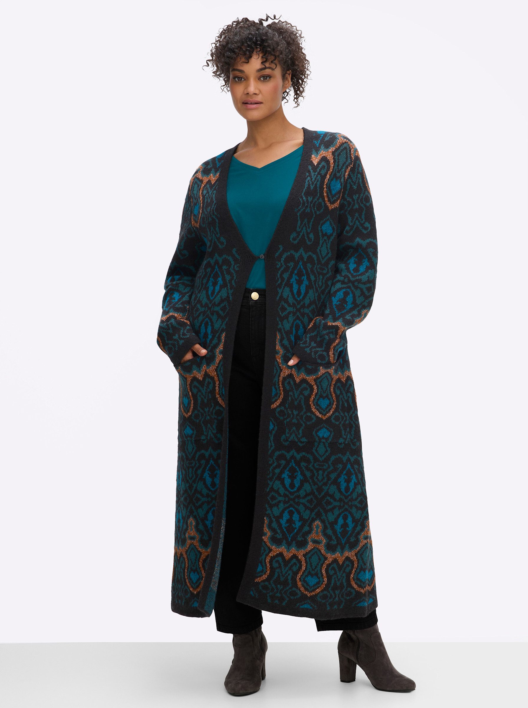 Sheego Strickjacke Strickmantel Langarm Ripp, Strukturstrick