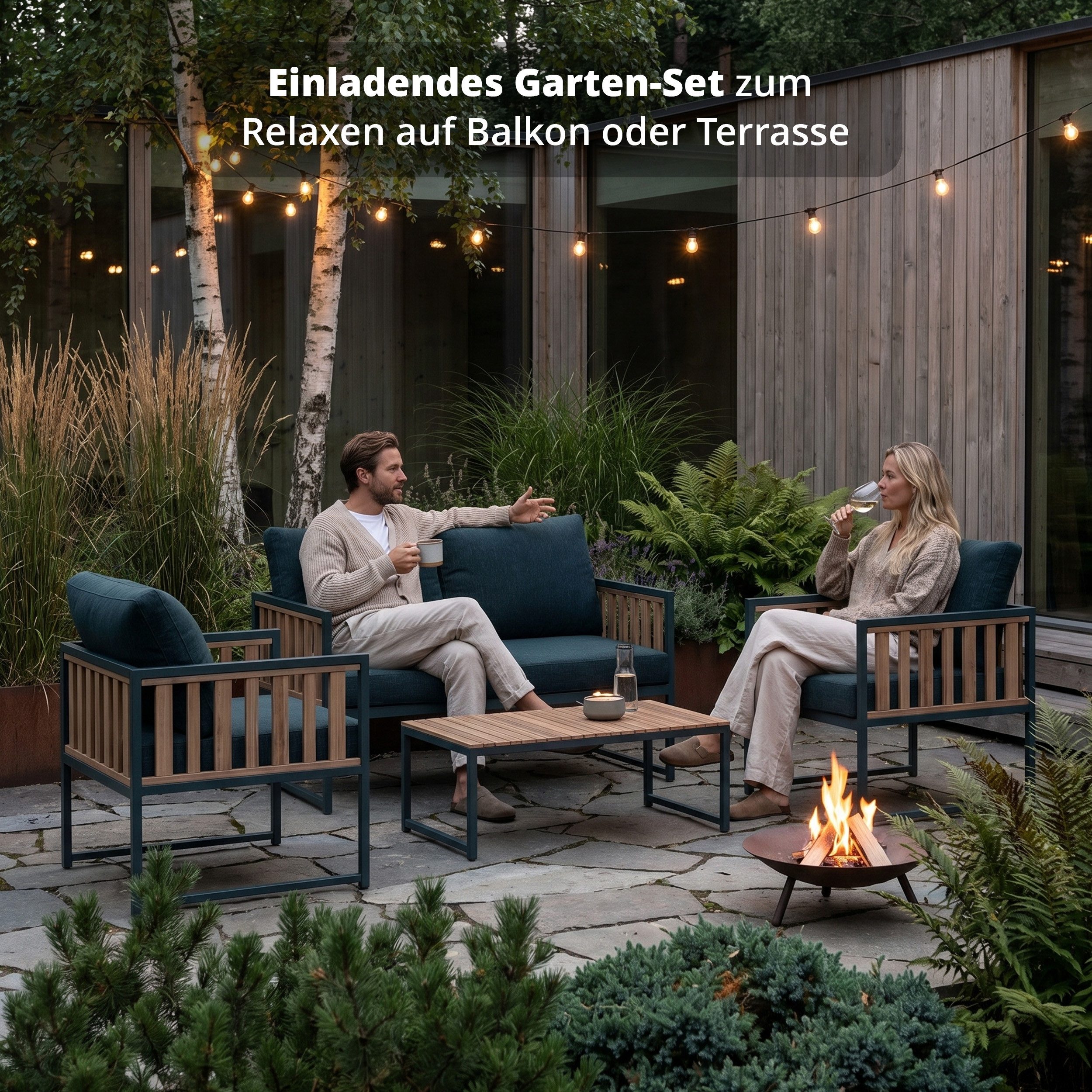 KHG Gartenlounge-Set 4-teilig Grau für 4 Personen, (Lounge-Set mit 2-Sitzer, 2 Sesseln mit Sitzkissen & Tisch aus Akazie, 4-tlg., wetterfest UV-beständig, 125x65x65cm)