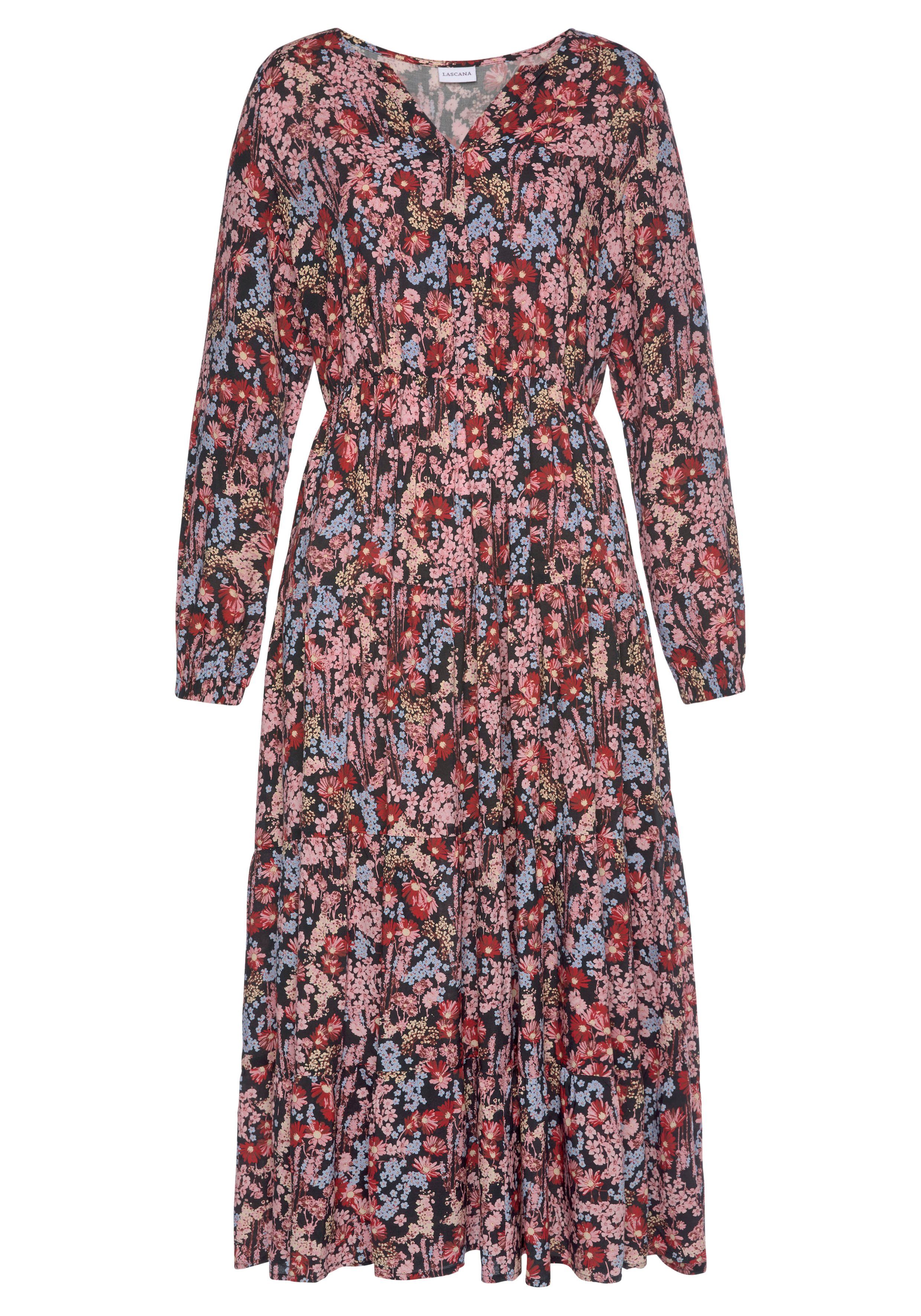 LASCANA Maxikleid mit Blümchenprint und V-Ausschnitt aus Viskose, locker bequemer Look Langärmliges Webkleid, Sommerkleid, modisches Kaftankleid, Druckkleid – Bild 2 von 5