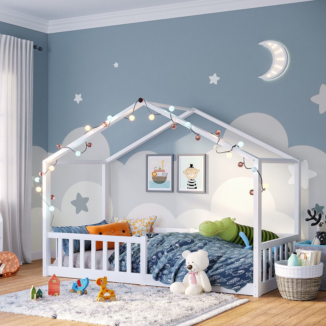 Bellabino Hausbett Bia (weiß, 80x160 cm, Bodenbett mit Rolllattenrost und Rausfallschutz), bodentiefes Kinderbett in verschiedenen Ausführungen