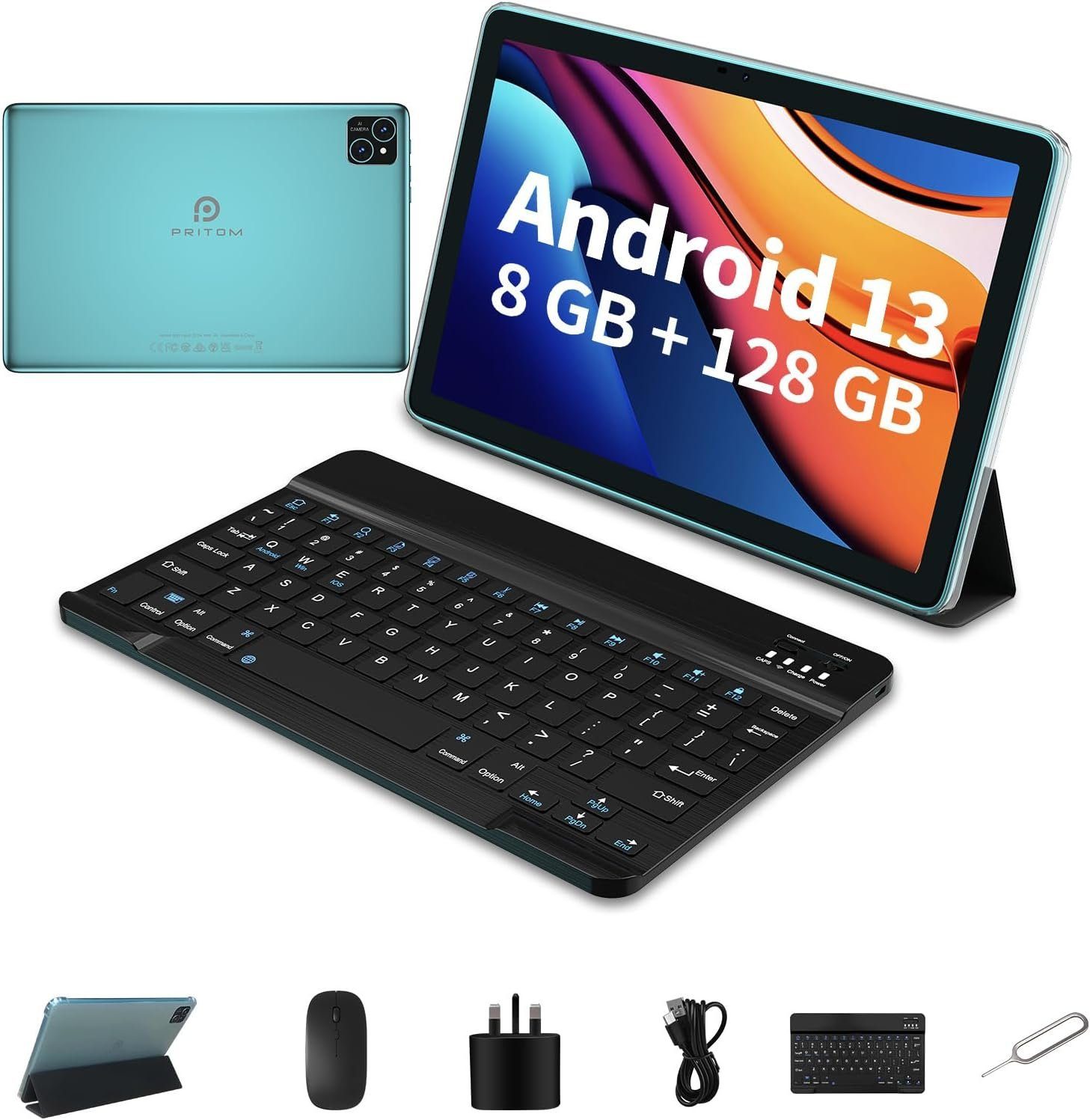 PRITOM 8GB(4+4), erweiterbar 1TB, 8000 mAh, WiFi Tablet (10", 128 GB, Android 13, mit Qcta Core Prozessor WiFi 6, Gaming PC mit Tasche, Tastatur, Mouses)