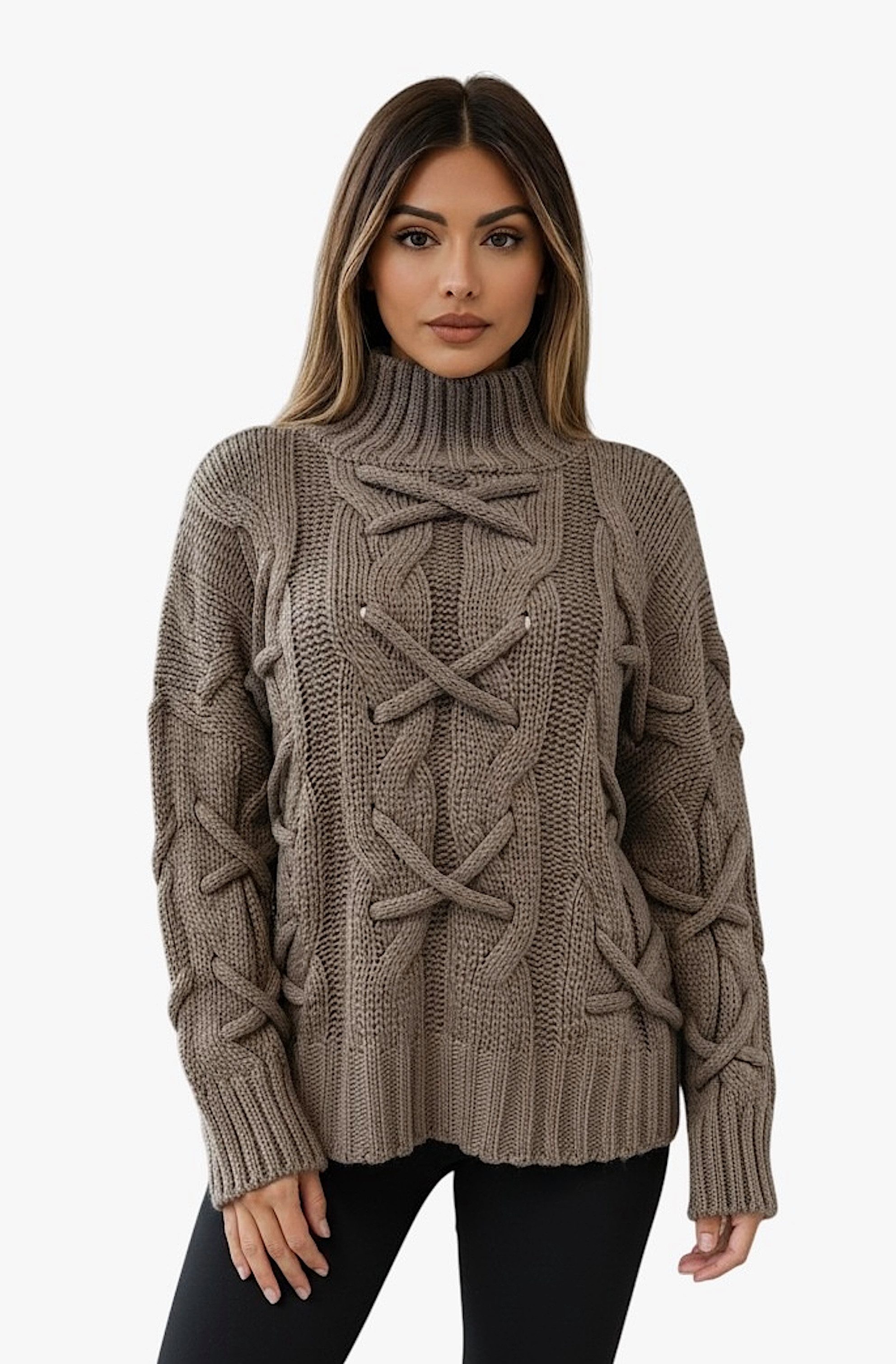 Longpullover WORLDCLASSCA Strickpulllover Lang Zopf Kreuz Muster Stehkragen Winter