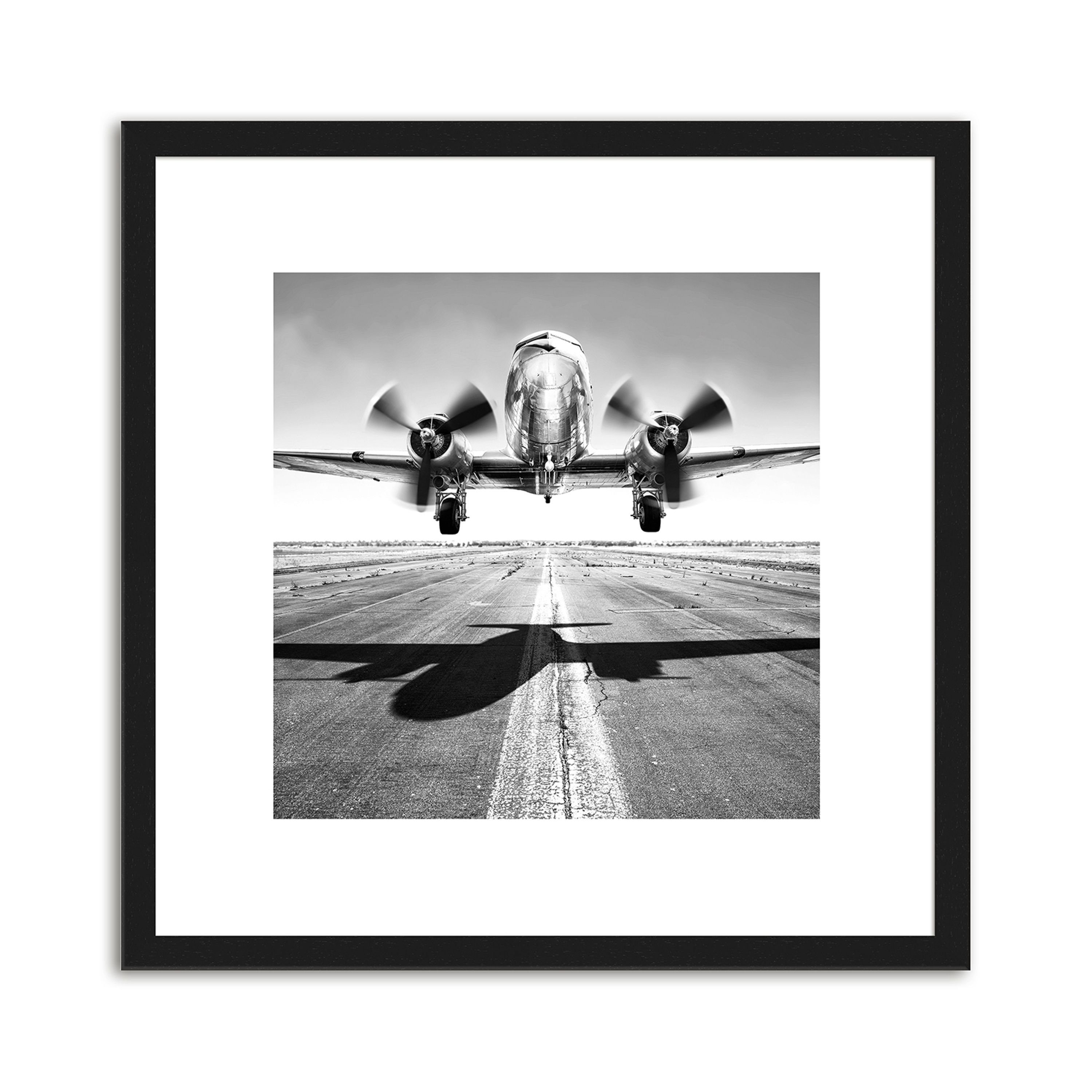 artissimo Bild mit Rahmen Bild gerahmt 30x30cm / Design-Poster inkl. Holz-Rahmen / Wandbild, Schwarz-Weiß Zeichnung: Flugzeuge I