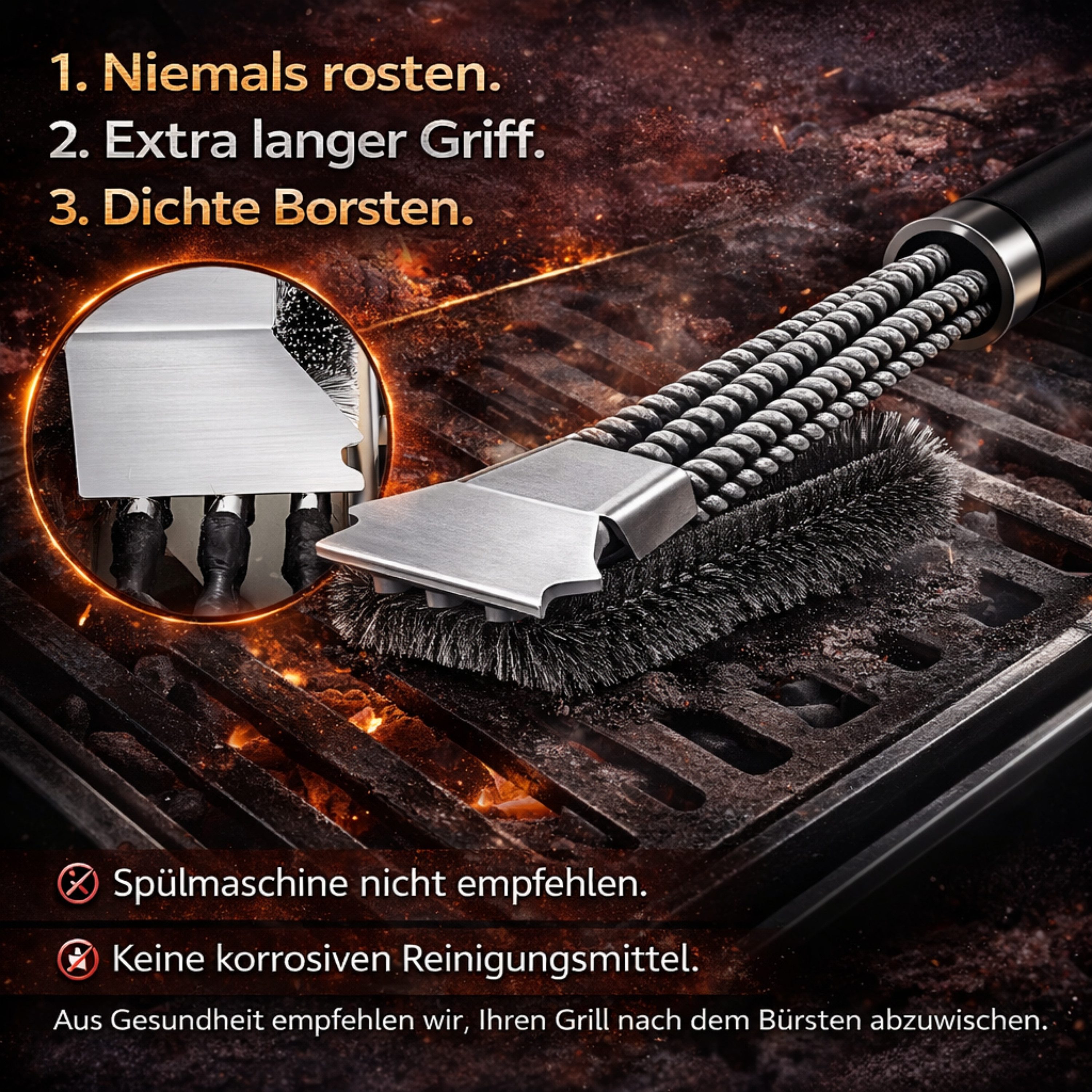 RUHE Grillbürste Profi Grill Reinigungsbürste BBQ Bürste Langer Edelstahl Borsten, Gasgrill, Holzkohlegrill, Kugelgrill, Elektrogrill und Grillrost, (BBQ Reinigungsbürste, 1-tlg., Outdoor), Grillrost Bürste Gasgrill Holzkohlegrill Kugelgrill Elektrogrill