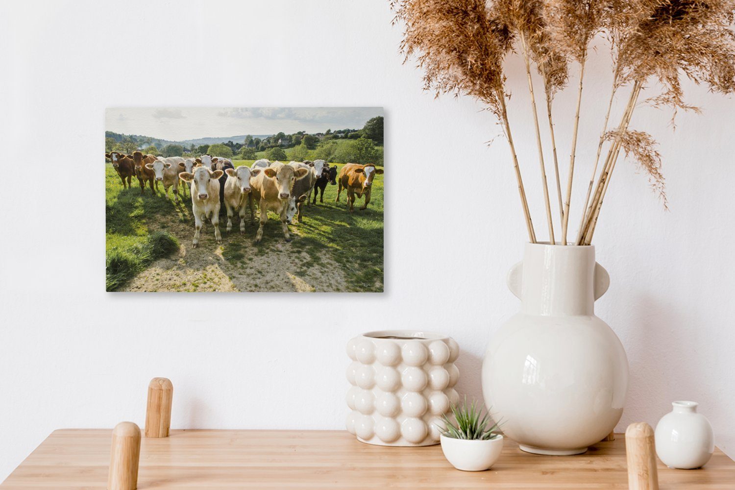 Leinwandbild St), Aufhängefertig, Kühe Leinwandbilder, Gras, cm (1 Wandbild Wanddeko, - OneMillionCanvasses® 30x20 Bauernhof -