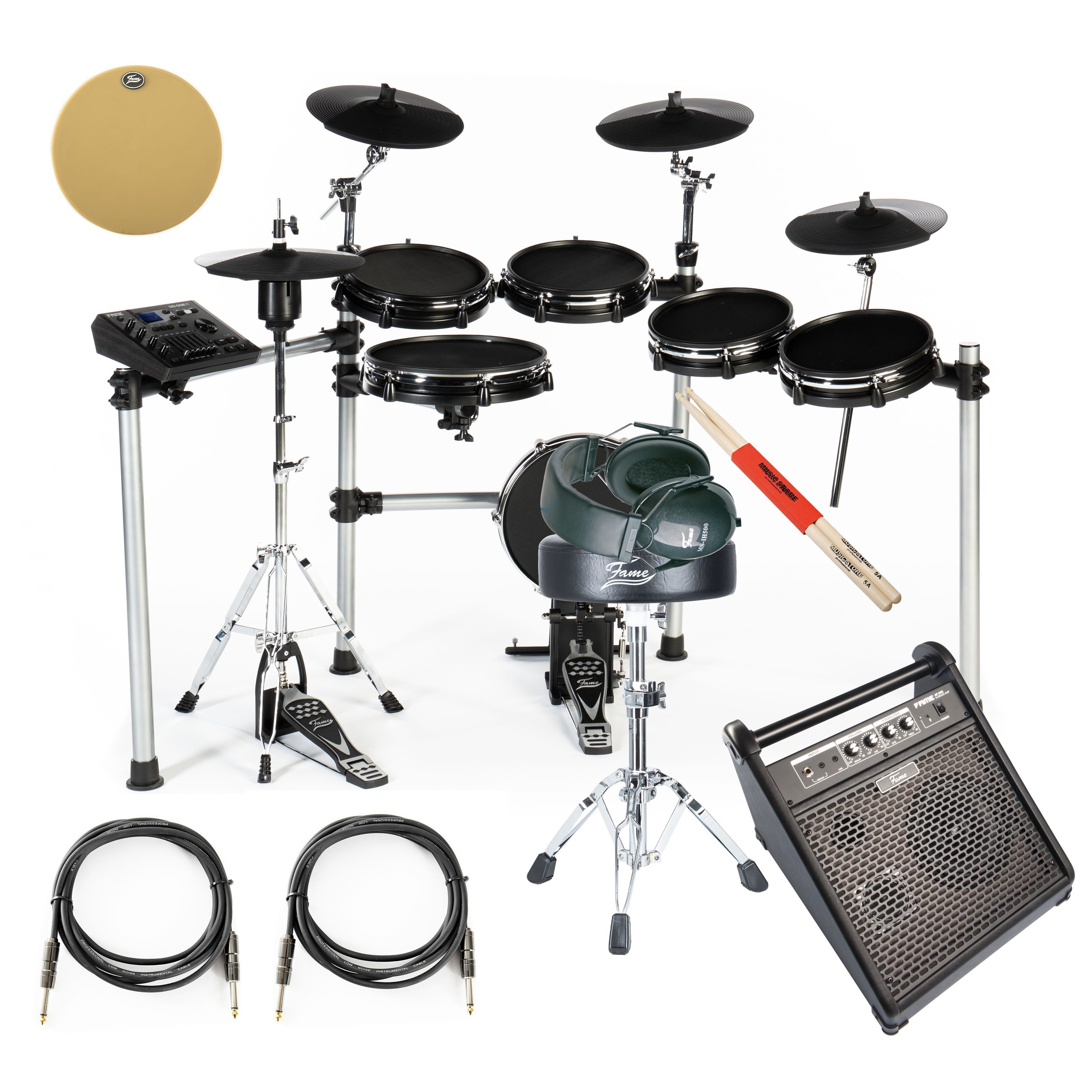 FAME E-Drum,E-Drum Set DD-One XT mit 29 Drumkits 554 Sounds Recording Funktion USB Song Player 6 Fader 12" Snare/Bass Drum 10" Toms HiHat Metronom EQ inkl. Hocker Sticks Kabel Pad Monitor, E-Drums, E-Drum Bundles, E-Drum Set, DD-One XT, Recording Funktion