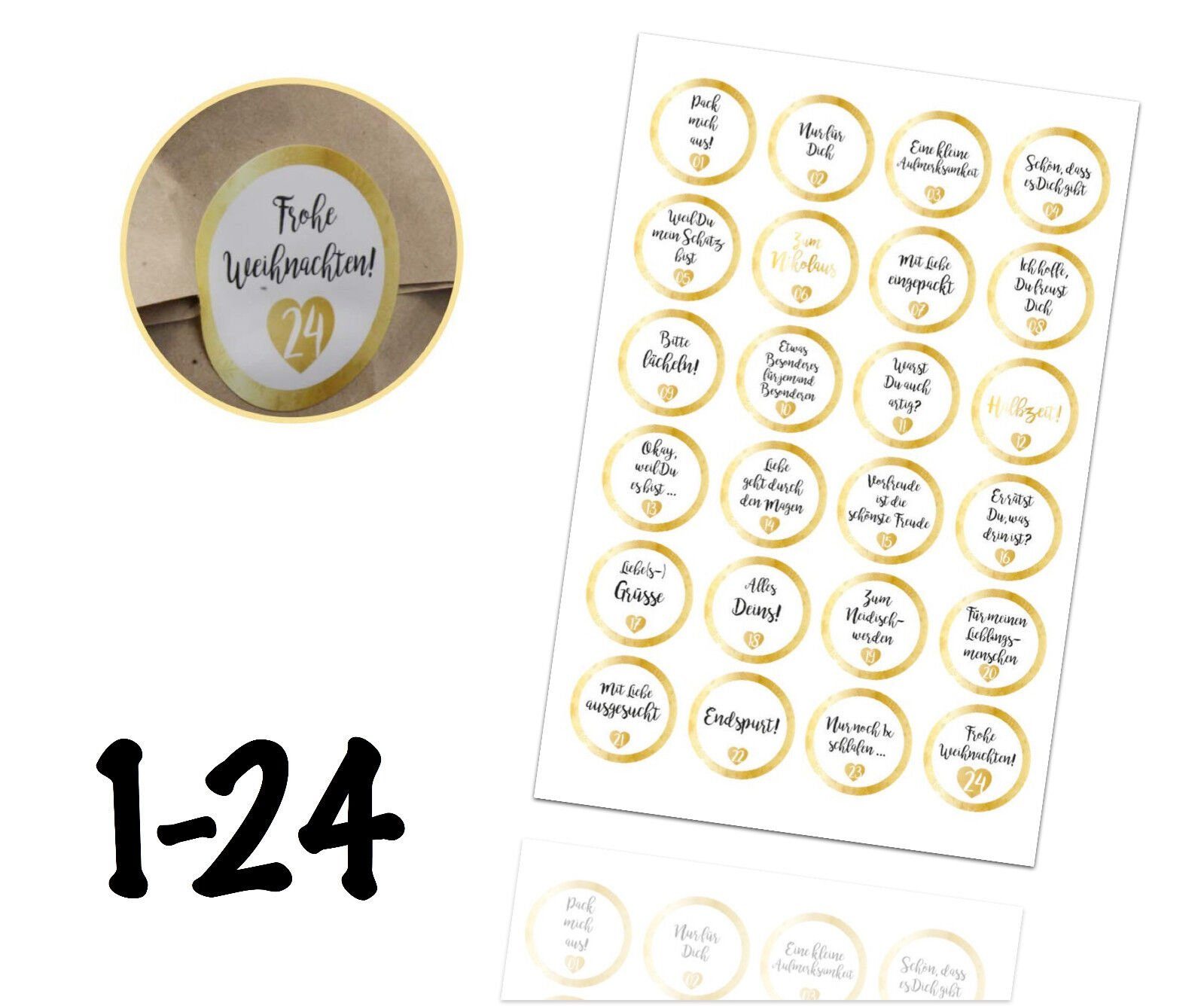 Weihnachtswunder® Sticker 72x Adventskalender Aufkleber Sticker Zahlen 1-24 & Texte - gold ED.4, (Set), ø 5 cm / mit Zahlen und Texten