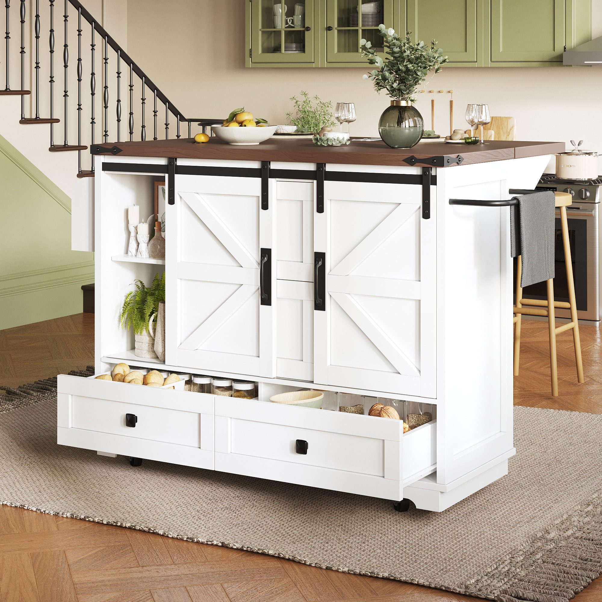 REDOM Küchenwagen Mobile Kücheninsel,Sideboard, (Mobiler Küchenwagen mit klappbarer Arbeitsplatte Weiß, 1 St., 142.5*45(73)*92.5cm)