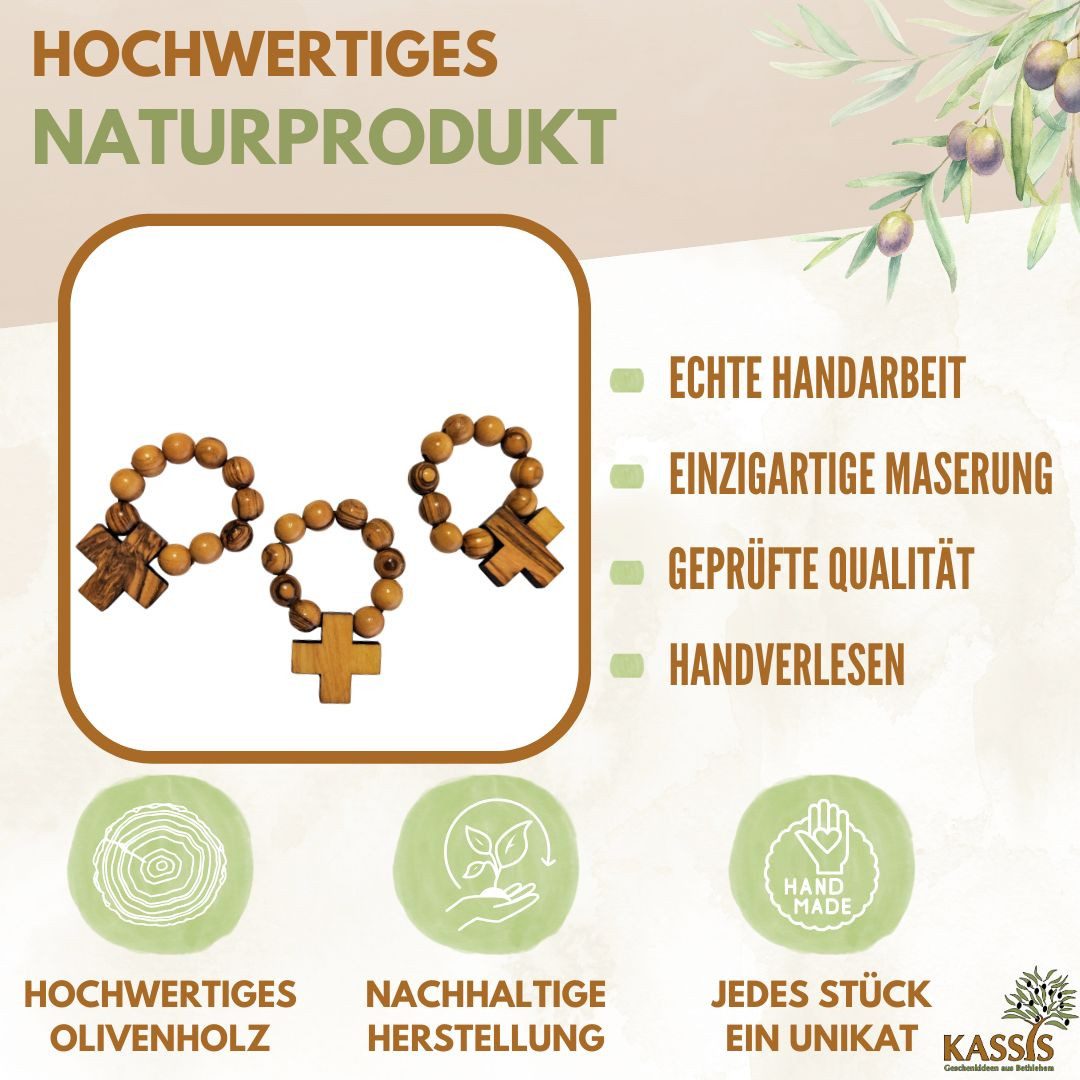 Kassis Geschenkartikel Fingerring Olivenholz Fingerrosenkranz mit Kreuz aus Bethlehem Talisman, Handgefertigt in Bethlehem, Geschenk zu Kommunion Taufe Firmung