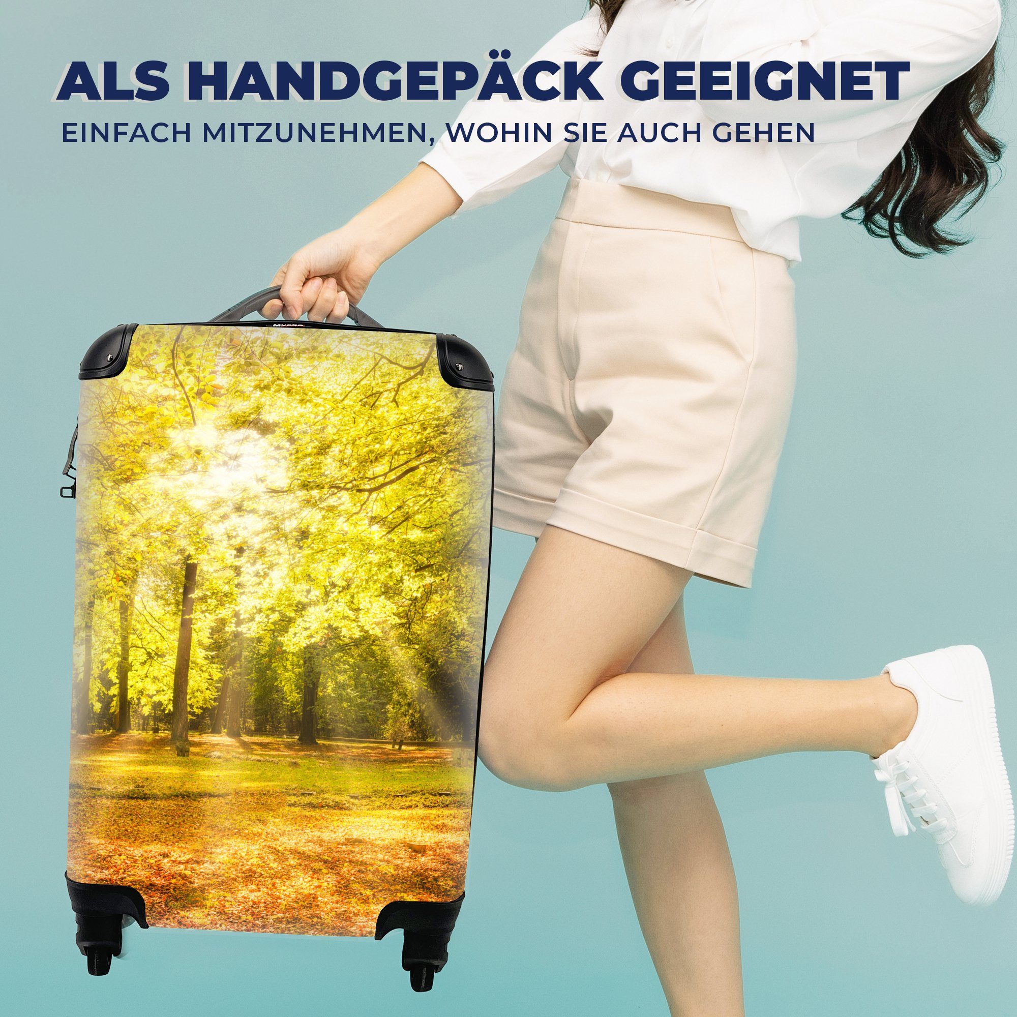 rollen, 4 mit Natur Trolley, Baum Sonne Handgepäckkoffer Reisetasche Ferien, Rollen, - MuchoWow Handgepäck für Landschaft Wald, - - Reisekoffer -