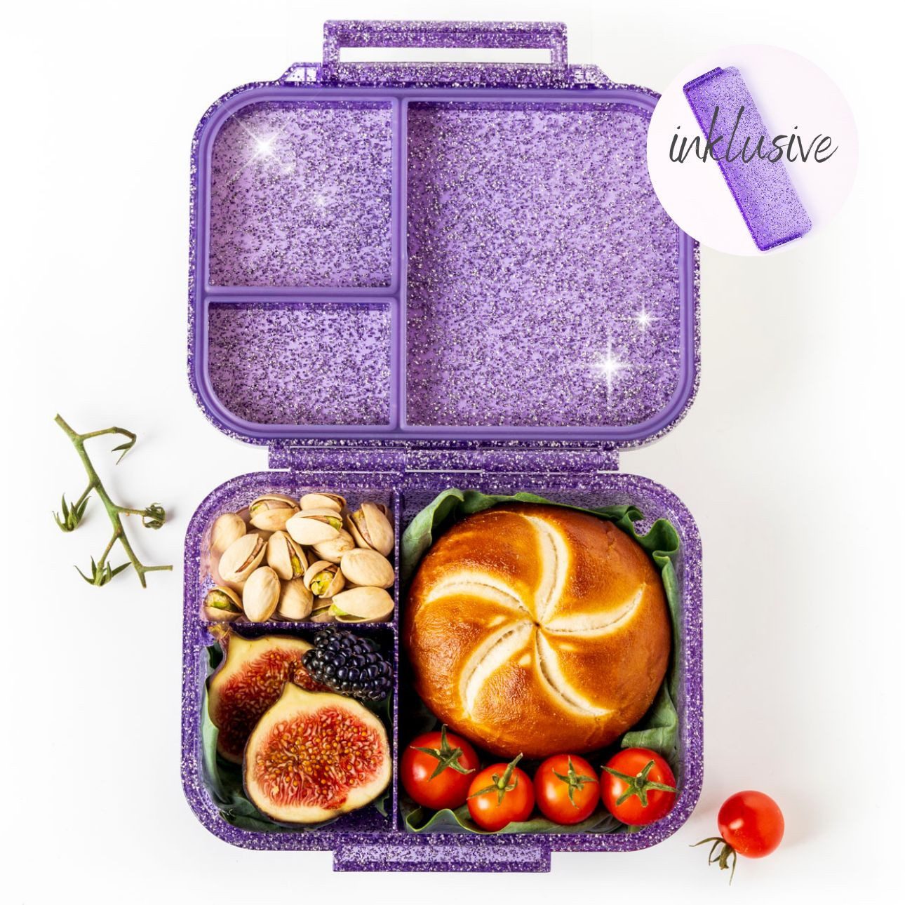 LEKKABOX Lunchbox Mini Glitzer Brotdose, 3 Fächer - Kinder Bento Box Vesperdose Brotbox, Für feuchte Lebensmittel auslaufsichere Bento Box, inkl. extra Trenner