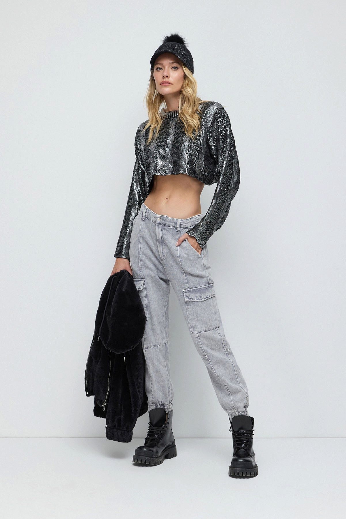 No Matter What Stricktop Kohle Glitzer Strick Top günstig online kaufen