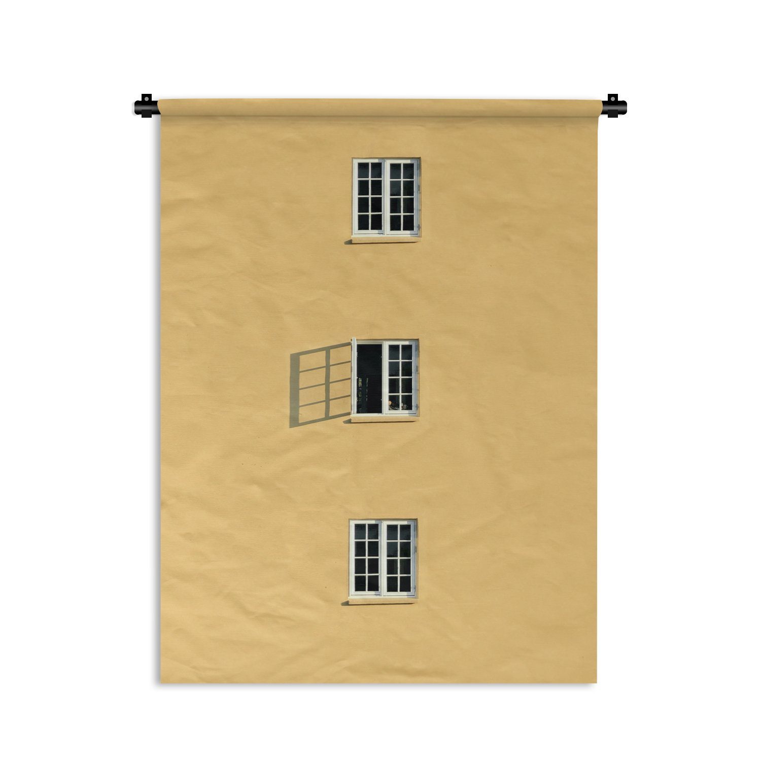 MuchoWow Wanddekoobjekt Architektur - Fenster - Offen - Gelb, Deko für an der Wand, Wohnzimmer, Tapisserie, Schlafzimmer