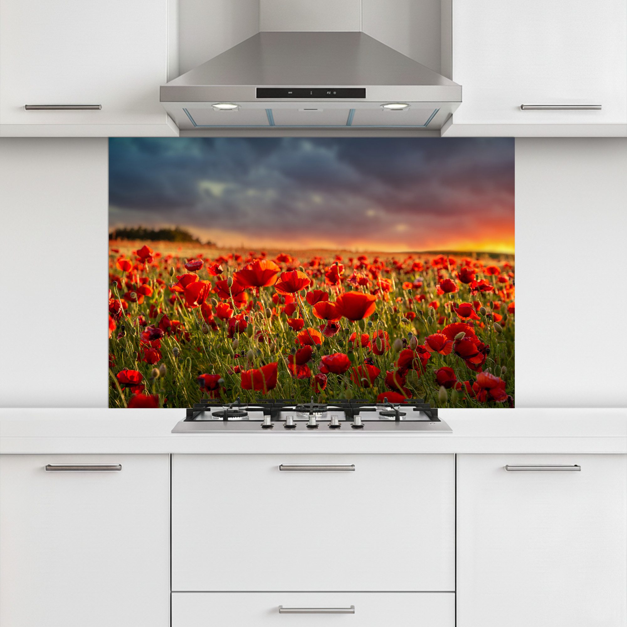 KitchenYeah Küchenrückwand selbstklebend (keine Folie) Sonnenuntergang - Mohnblumen - Rot - Blume, (1-tlg), Spritzschutz Küchenrückwand, Wandschutz, 120x80 cm