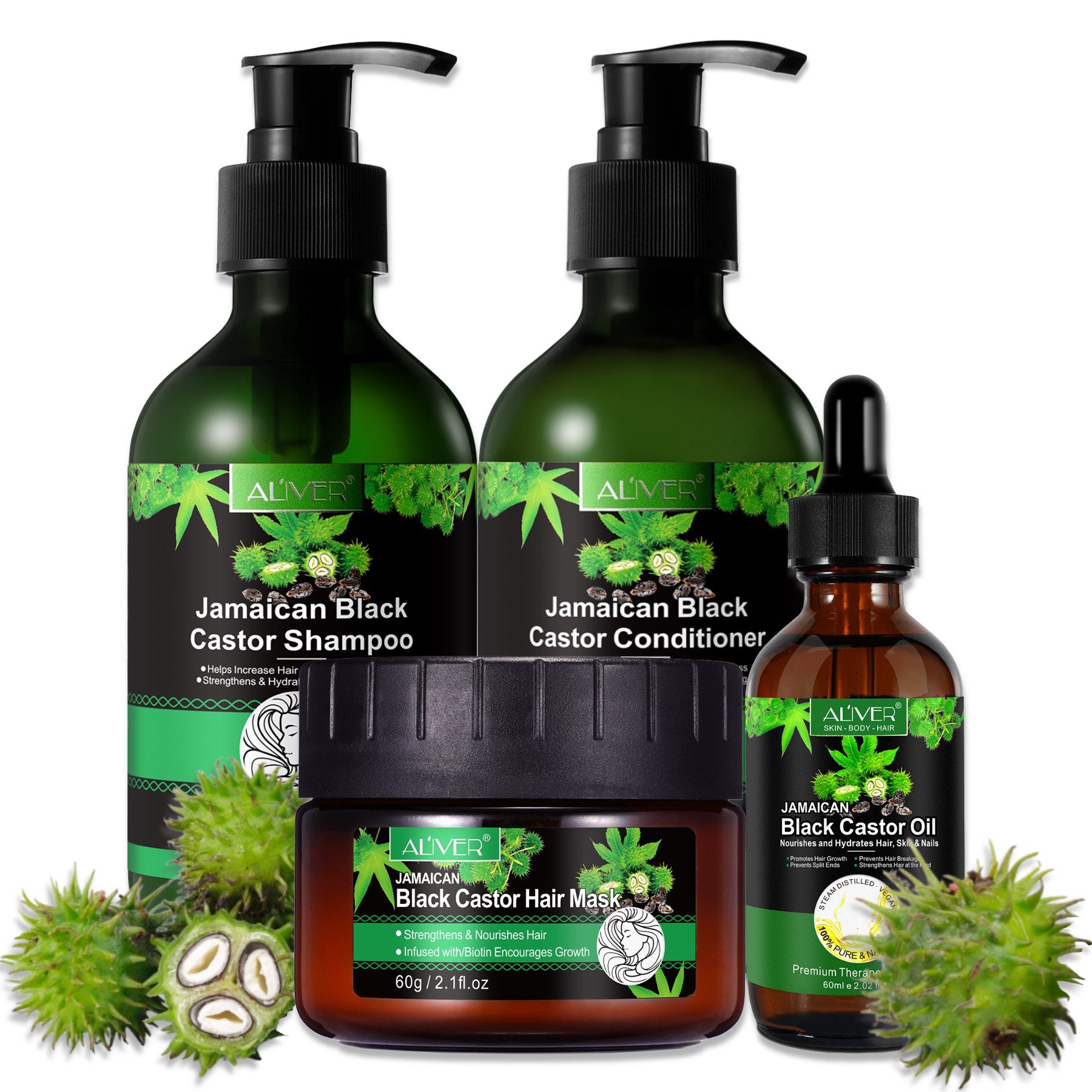 ALIVER Haarpflege-Set Shampoo Conditioner Haarmaske Haaröl Rizinus Vegan