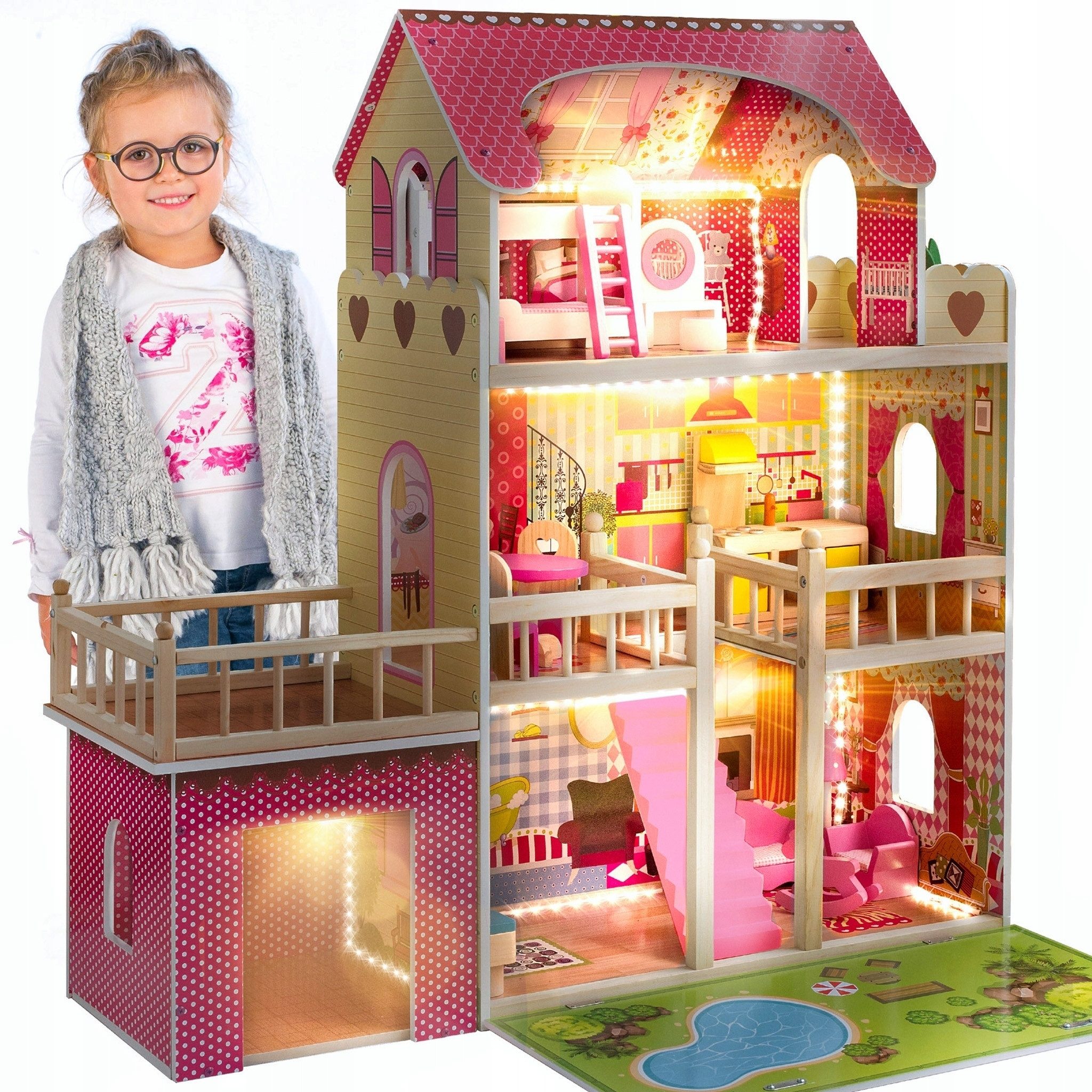 Kinderplay Dolls & Strollers Куклыhaus Куклыhaus Holzvilla – 3 Etagen mit LED Licht – Spielhaus mit Garage