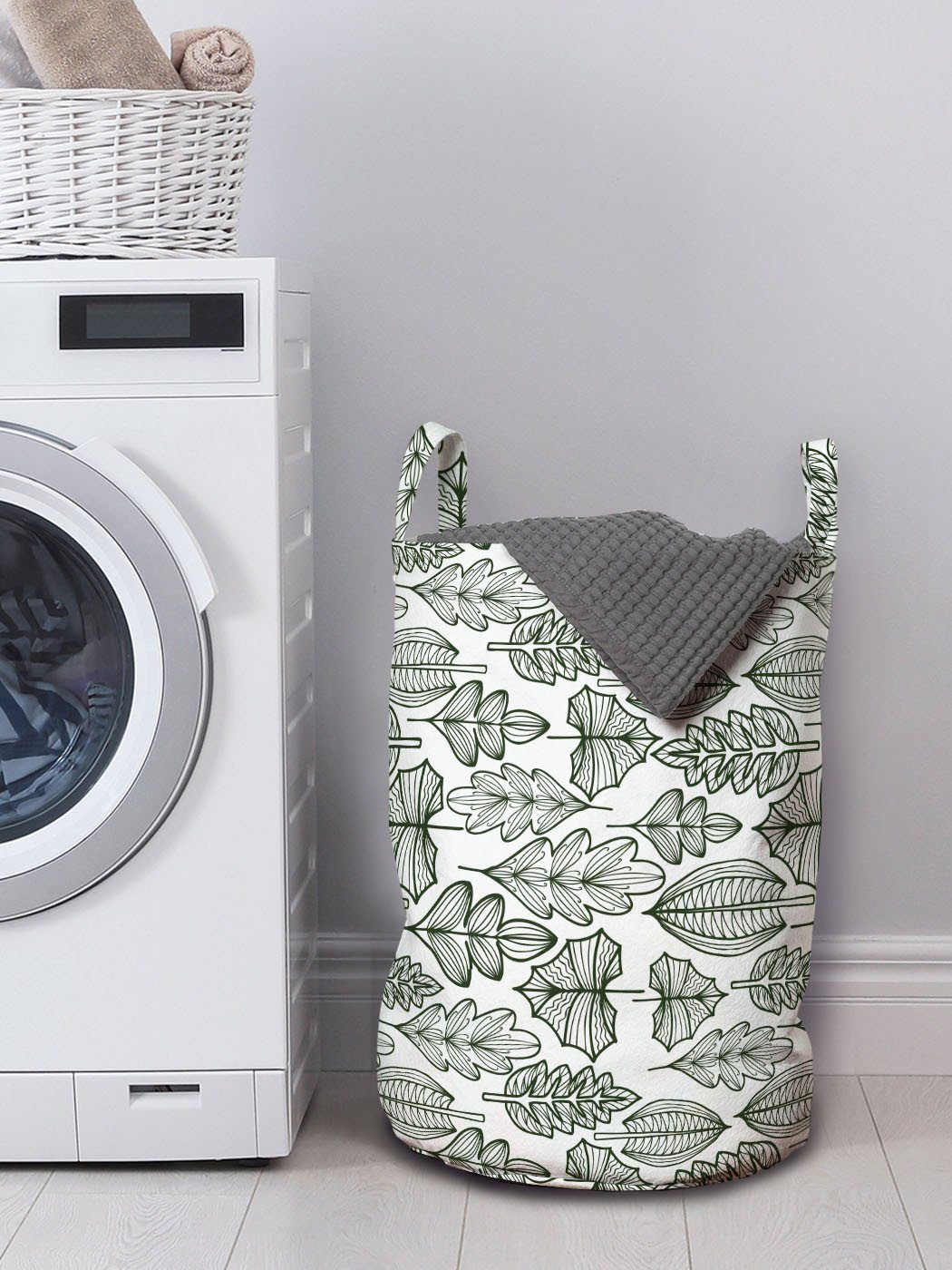 Art Abakuhaus Blattmotive mit für Waschsalons, Griffen Wäschekorb Wäschesäckchen Kordelzugverschluss Natur Monochrome