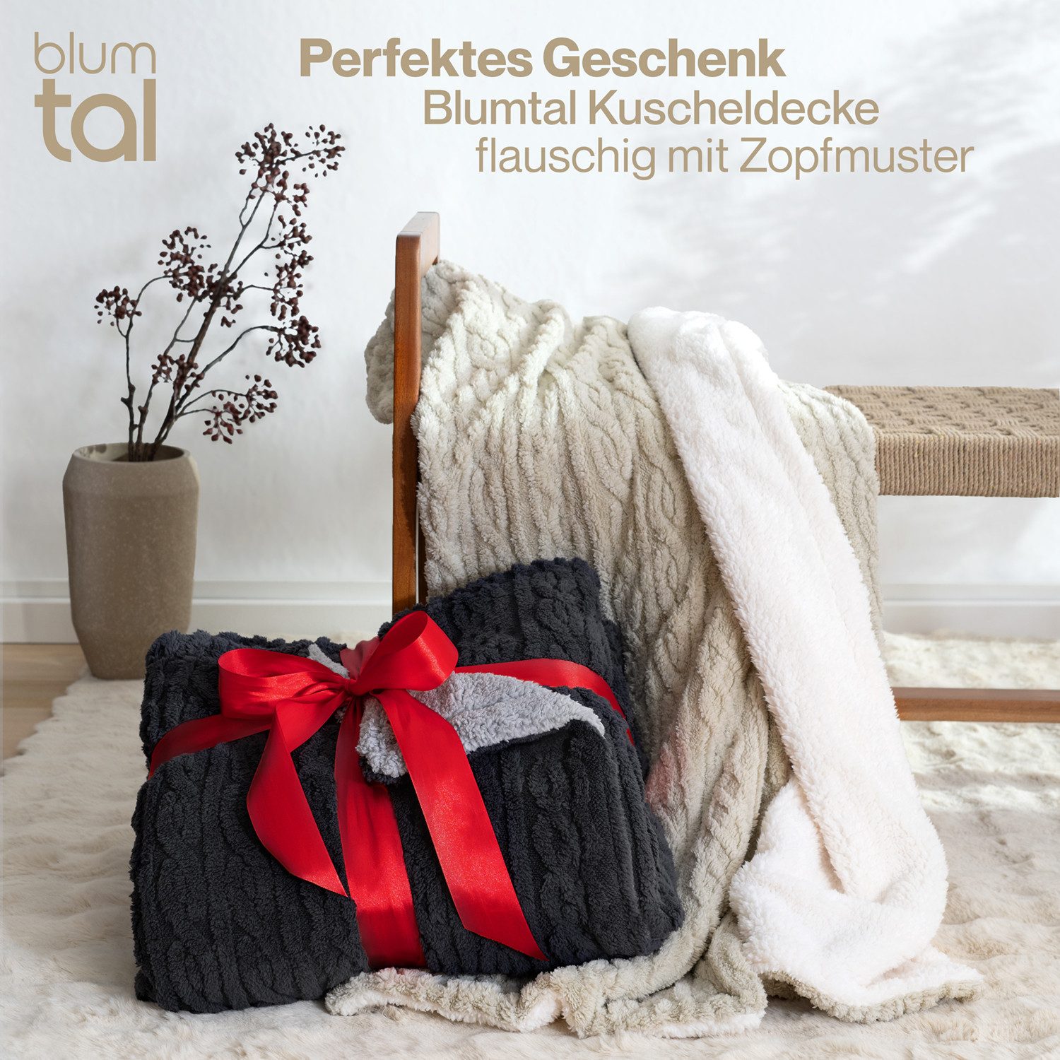 Wohndecke Oeko-TEX zertifizierte waschbare Wohn- & Kuscheldecke, Blumtal, mit weicher Sherpa-Innenseite – Bild 4 von 5