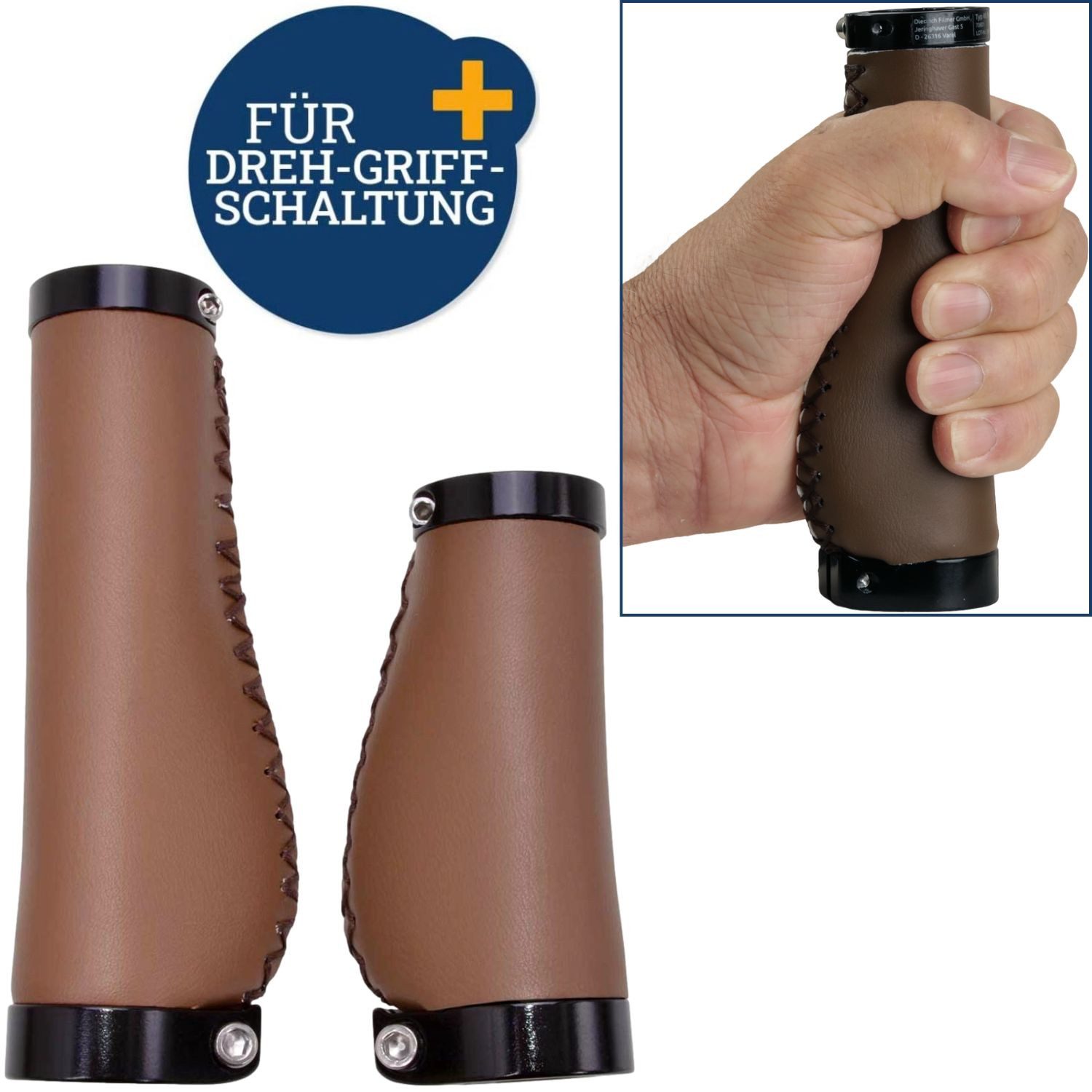 Diedrich Filmer GmbH Fahrradlenkergriff Fahrrad-Griffe Ergonomisch für Drehgriff Schaltung (2x Lenkergriffe, 2-St., Set), Set Kurz Lang Lenker-Griffe Ergo PU Leder Lenkergriffe Fahrradgriffe