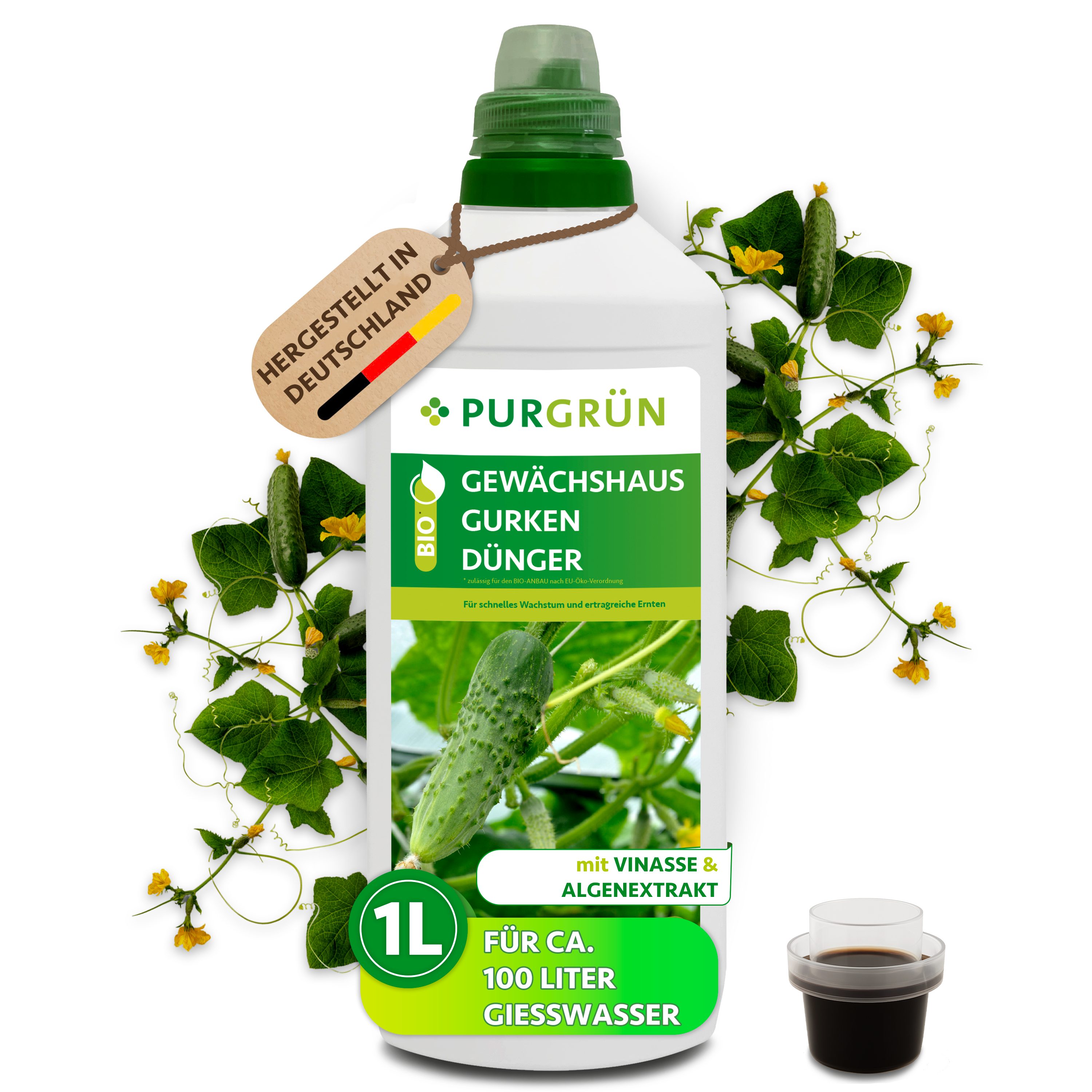 Purgrün Gemüsedünger Bio Gewächshausgurken Dünger, NPK 3,5+2+6,5, Kalium, 1 Liter, Flüssigdünger, 1-St., 1 Liter