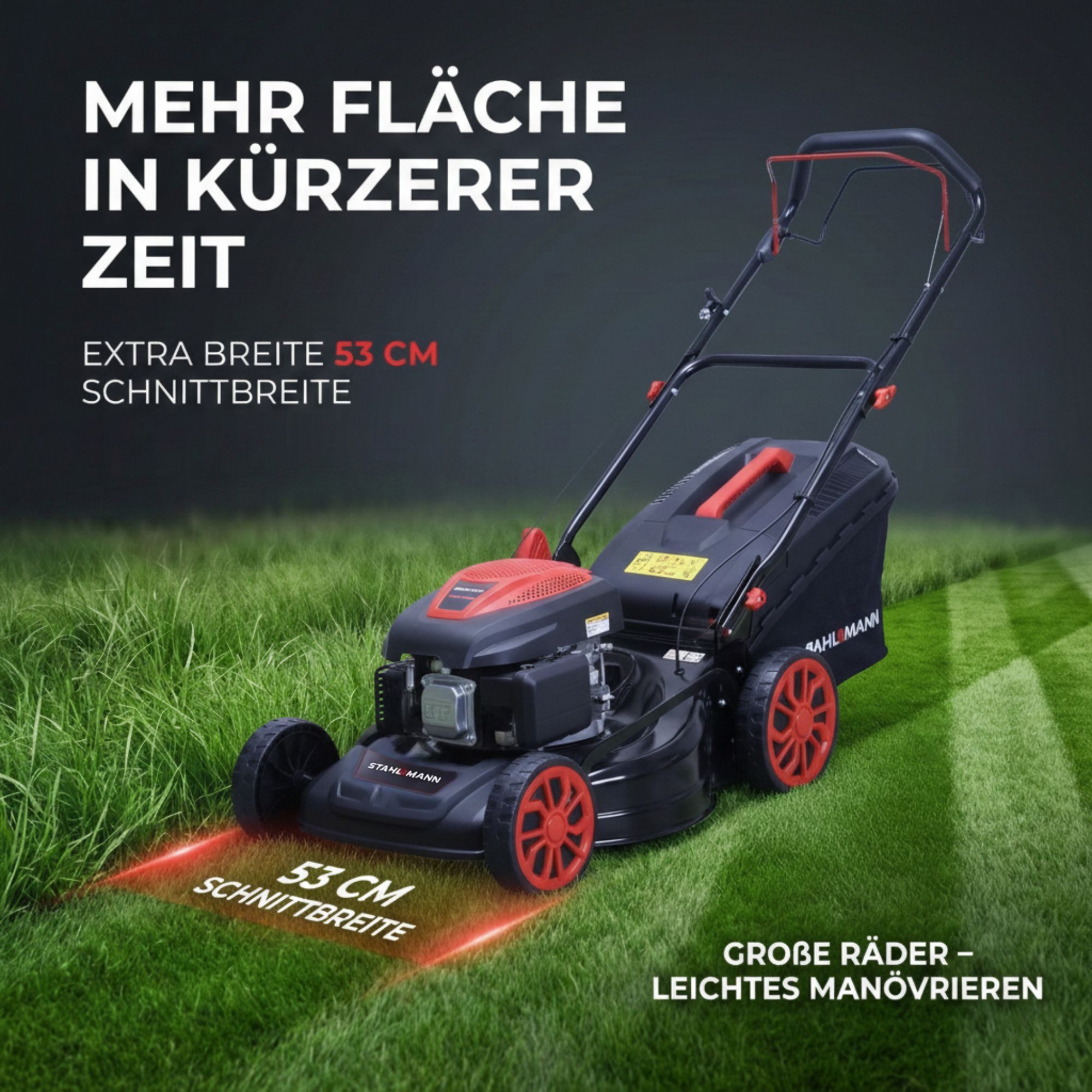 Stahlmann Benzinrasenmäher Rasenmäher Benzin mit Antrieb BR532 – 7,0PS (5,1kW) 224ccm mit Antrieb, 53 cm Schnittbreite, 53cm Schnittbreite, Mulchen, EasyClean, Große Räder, 60L Korb