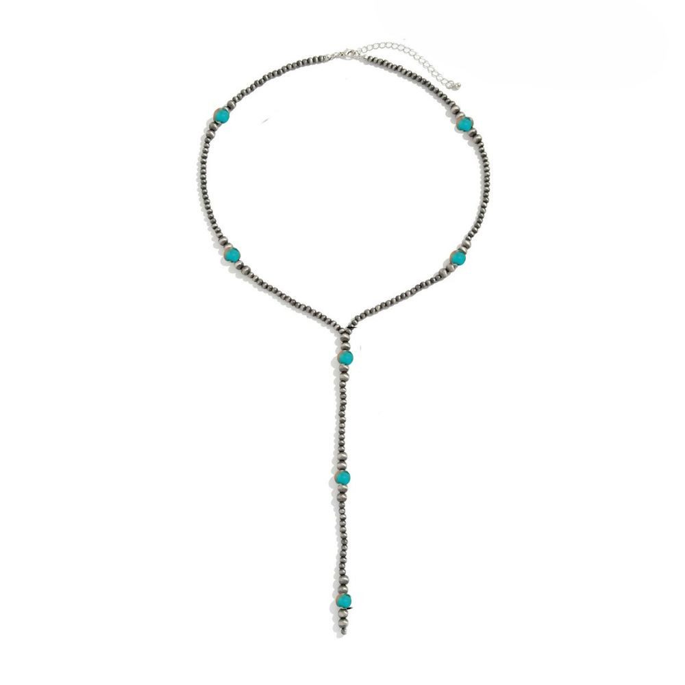 BUNGSA Y-Kette Y-Kette Perlen grau/türkis Karabinerverschluss Damen (1-tlg), Halskette Necklace