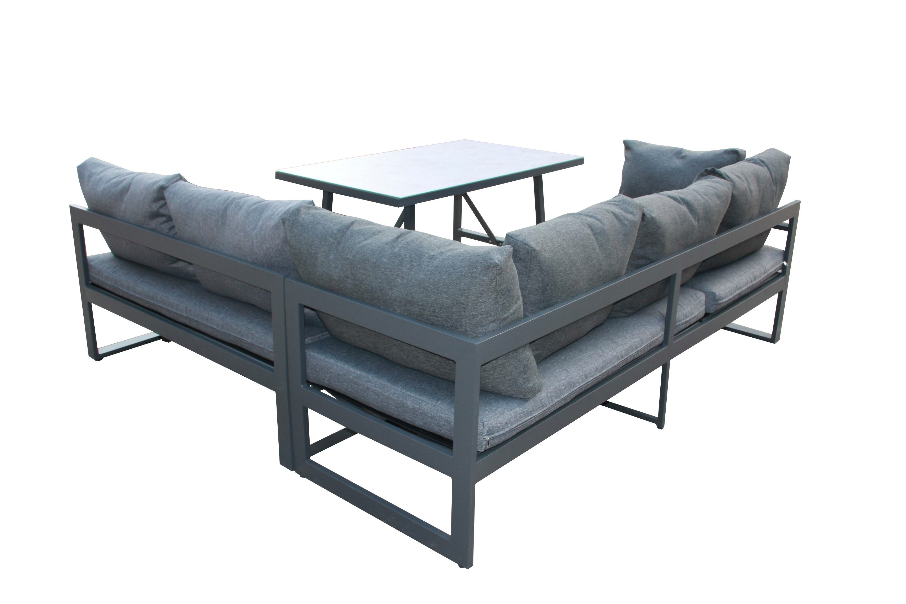 acamp Gartenlounge-Set Aluminium Sitzgruppe 3-teilig, Dining Lounge wetterfest, Spraystone, (Spar-Set, 3-tlg., 3-teilig: 2 Bänke & Tisch), pflegeleicht, hoher Sitzkomfort, klappbare Rückenlehne, Polster 10 cm