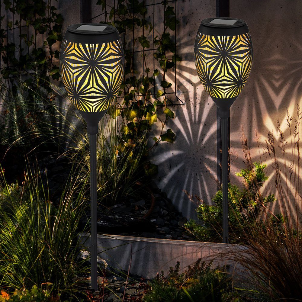 etc-shop LED Solarleuchte, LED-Leuchtmittel fest verbaut, Warmweiß, 2x Solar Außenlampe Steckleuchte Metall LED Fackel schwarz wetterfest