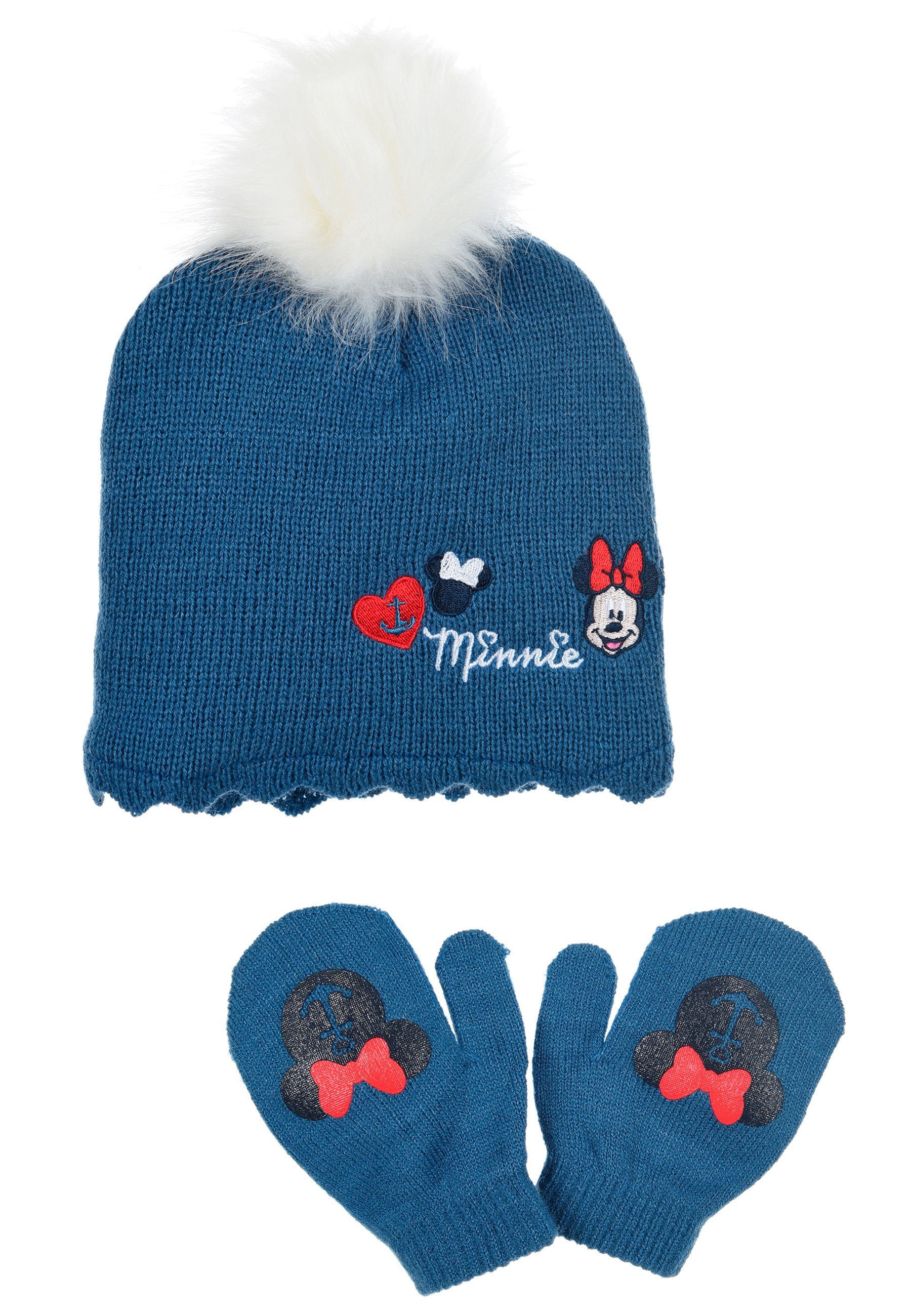 Disney Minnie Mouse Bommelmütze Baby Mädchen Winter-Mütze Strick Mütze (SET) Blau