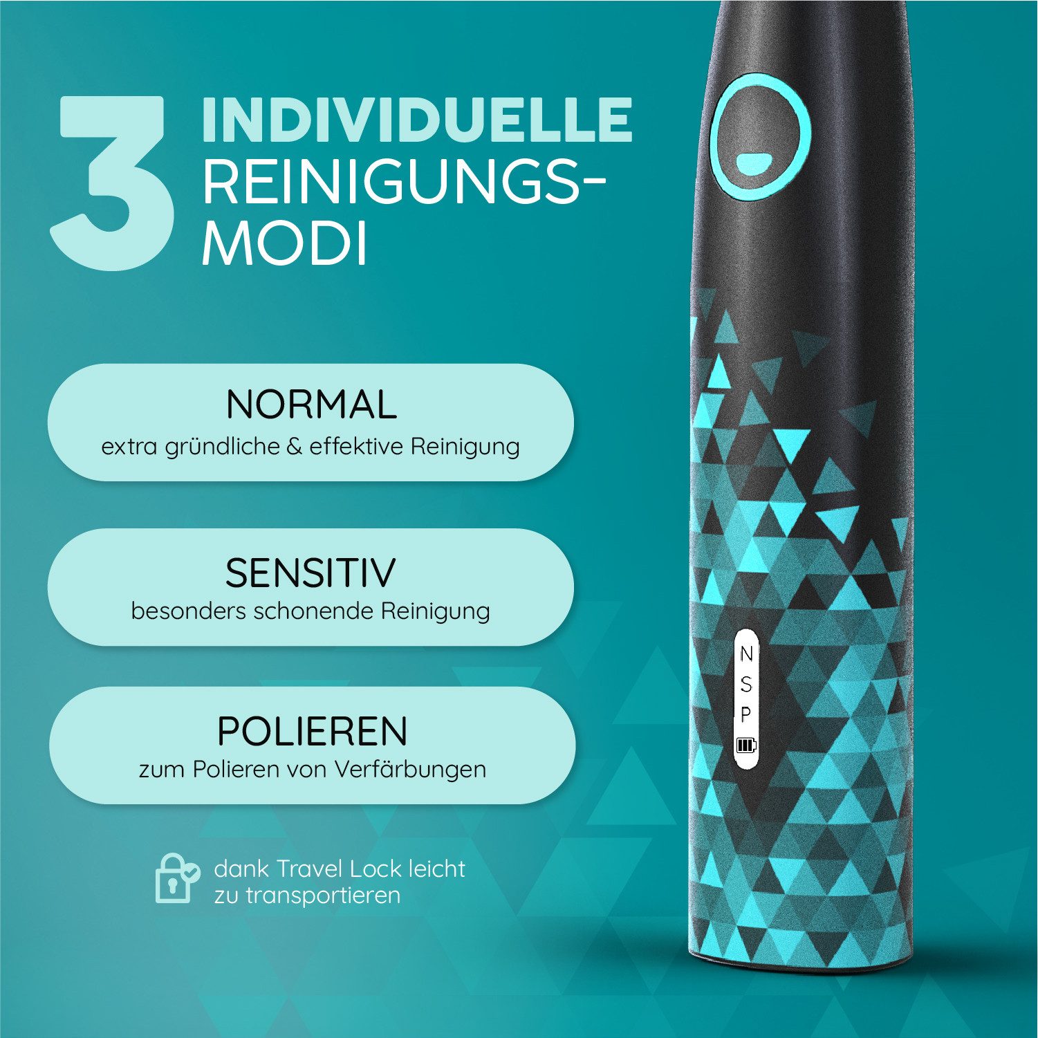 happybrush Schallzahnbürste Eco Vibe 3 Black/Mint – TESTSIEGER - 8 Wochen Power Akku, Aufsteckbürsten: 1 St., Eco Vibe 3, 2 Jahre Garantie – Bild 4 von 5