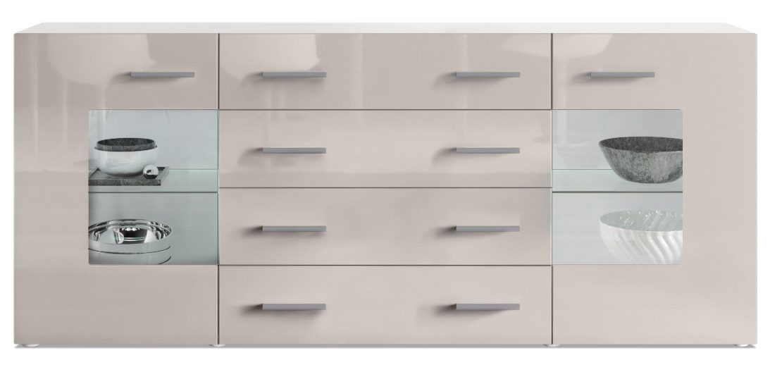 Vladon Sideboard Noah V2 (Kommode mit 2 Türen, 4 Schubladen und 2 flexible Glaseinlegeböden), Weiß matt/Sandgrau Hochglanz (166 x 72 x 35)