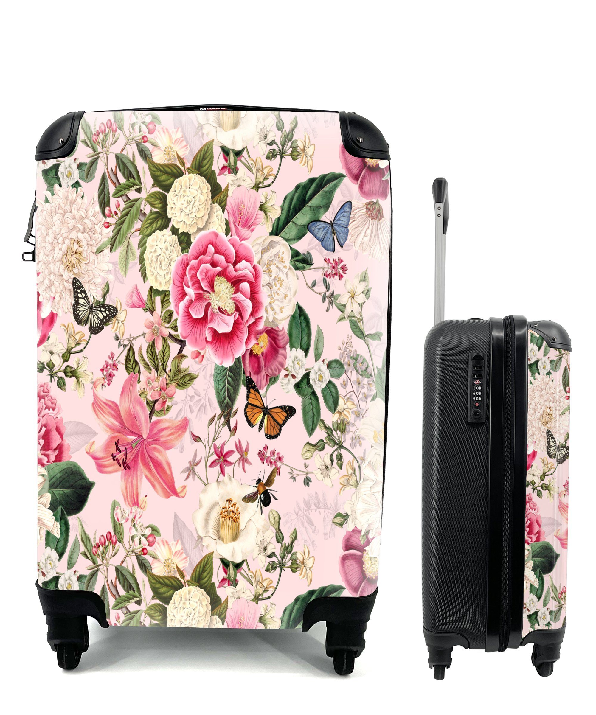 MuchoWow Handgepäckkoffer Blumen - Schmetterlinge - Hortensie, 4 Rollen, Reisetasche mit rollen, Handgepäck für Ferien, Trolley, Reisekoffer