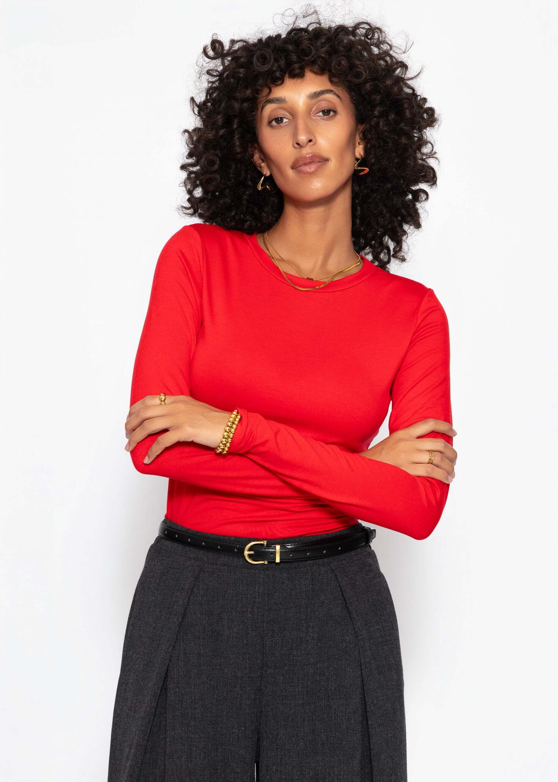 SASSYCLASSY Langarmshirt Langarmshirt mit Rundhalsausschnitt für Damen Oberteil mit langen Armen in Rot