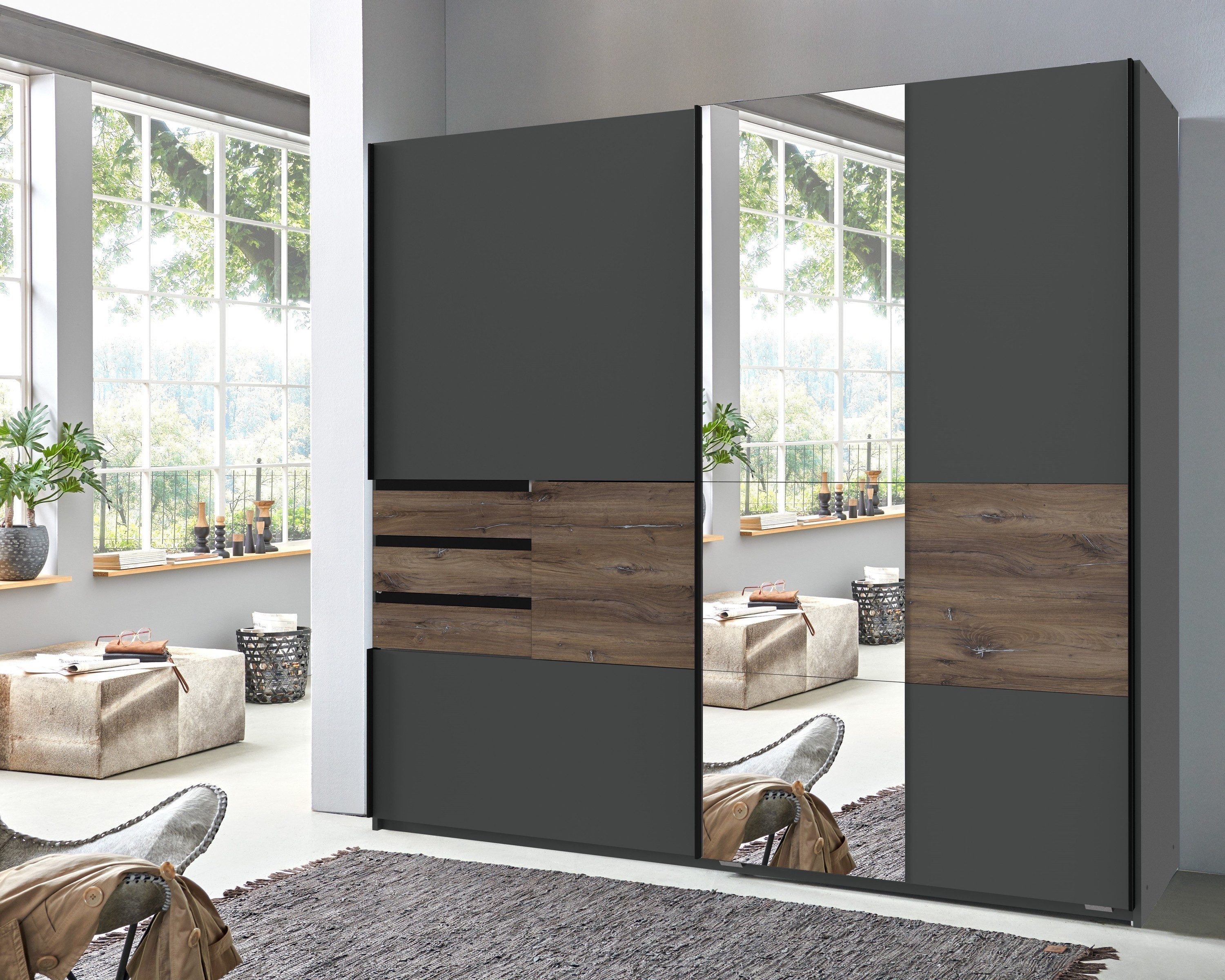 Wimex Schwebetürenschrank in GRAPHIT + FLAGSTAFF EICHE NB mit 3 Schubladen und 2 Türen (BxH: 180x198 cm)